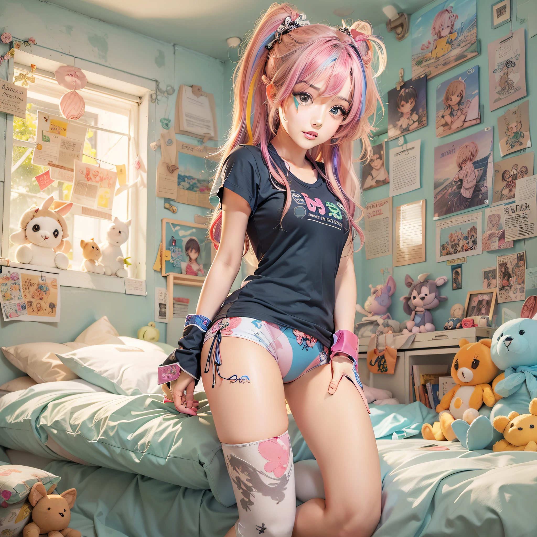 ((Masterpiece)), best quality, absurderes, ultra detailed, 1girl, most beautiful girl with beautiful and stunning eyes, multicolored hair and a high ponytail, nice and sexy body, (full body), (perfect anatomy), wearing an anime tight shirt, super tight boxers with cute drawings and beautiful hair ornament, in a kawaii bedroom with many plushies, flirting with viewer
