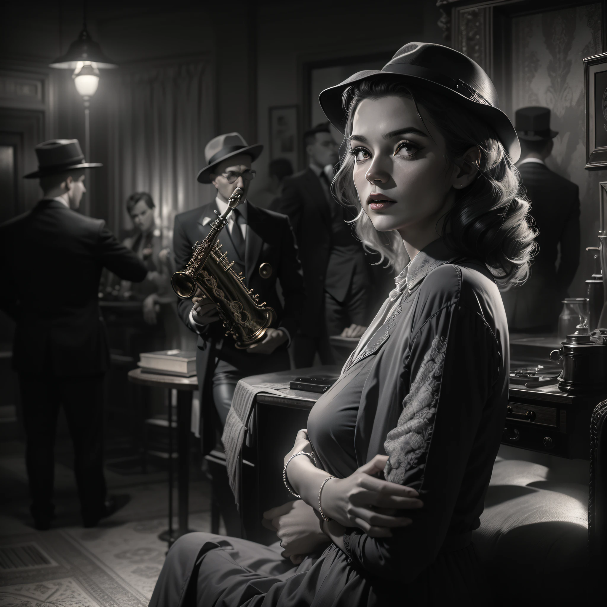 Uma imagem de um detetive particular dos anos 1940 vestido com um traje de detetive sensual e cativante, investigando um clube de jazz fumegante. The scene evokes the atmosphere of a classic crime novel, with moody lighting, Jazz music and a hint of danger in the air.