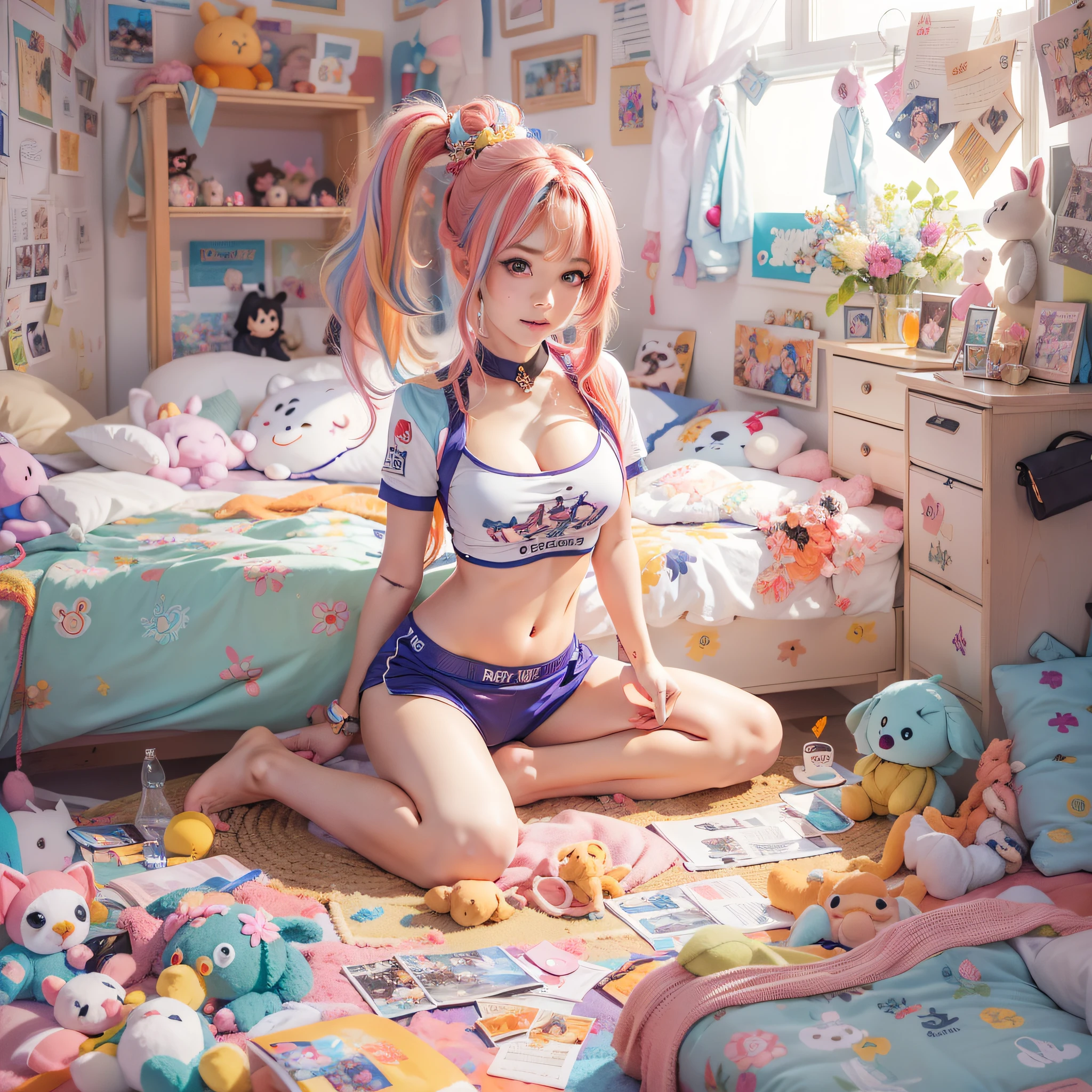 ((Masterpiece)), best quality, absurderes, ultra detailed, 1girl, most beautiful girl with beautiful and stunning eyes, multicolored hair and a high ponytail, nice and sexy body, (full body), (perfect anatomy), wearing an anime tight shirt, super tight boxers with cute drawings and beautiful hair ornament, in a kawaii bedroom with many plushies, flirting with viewer