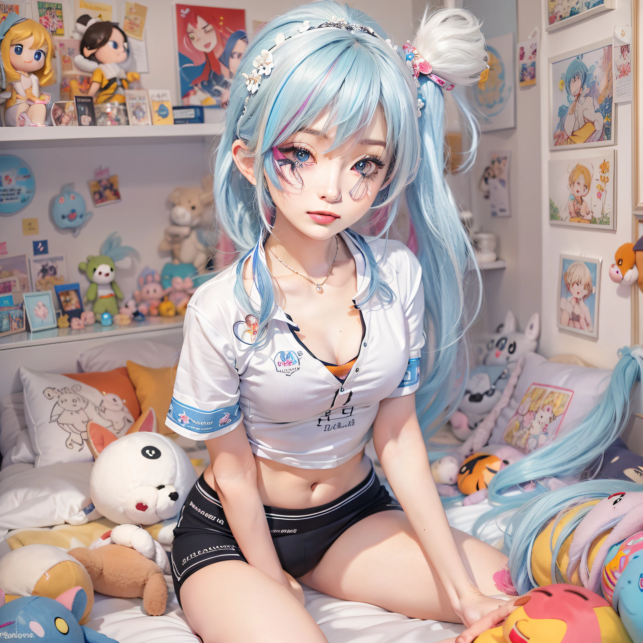 ((Masterpiece)), best quality, absurderes, ultra detailed, 1girl, most beautiful girl with beautiful and stunning eyes, multicolored hair and a high ponytail, nice and sexy body, (full body), (perfect anatomy), wearing an anime tight shirt, super tight boxers with cute drawings and beautiful hair ornament, in a kawaii bedroom with many plushies, flirting with viewer