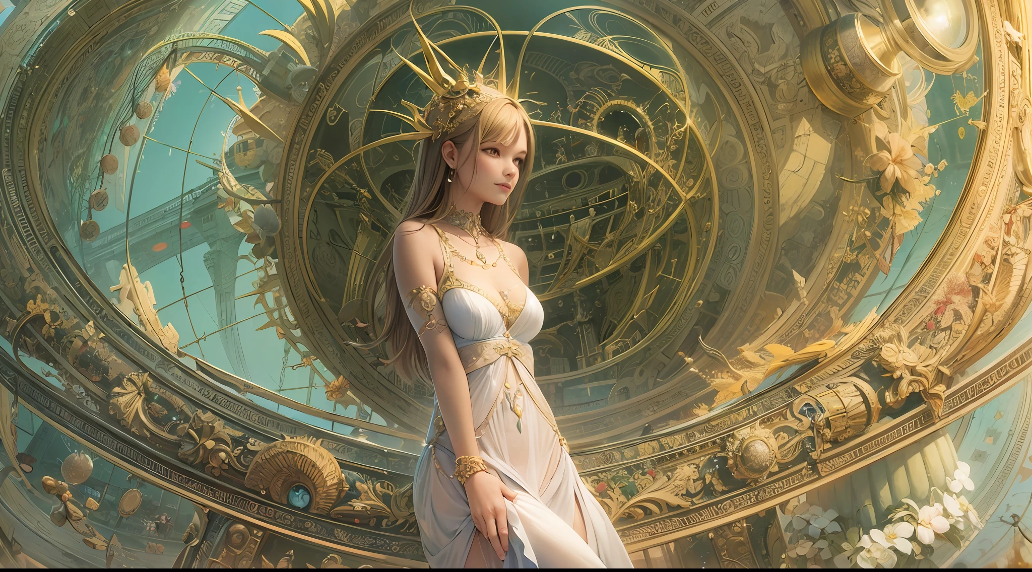 a girl on the beach, Goddess of Dance、Sensual dance on a circular stage、A smile、A magic circle appeared overhead and at your feet.、 hyper detailed painting, luminism, 4K resolution, fractal isometrics details bioluminescence , Intricately detailed , Cinematic,Isometric-centric surreal , Cinematic, Abstract beauty, Approaching perfection, Pure form, Golden ratio, minimalistic, Concept art, Intricate details, High resolution, hyperdetails, Highly detailed