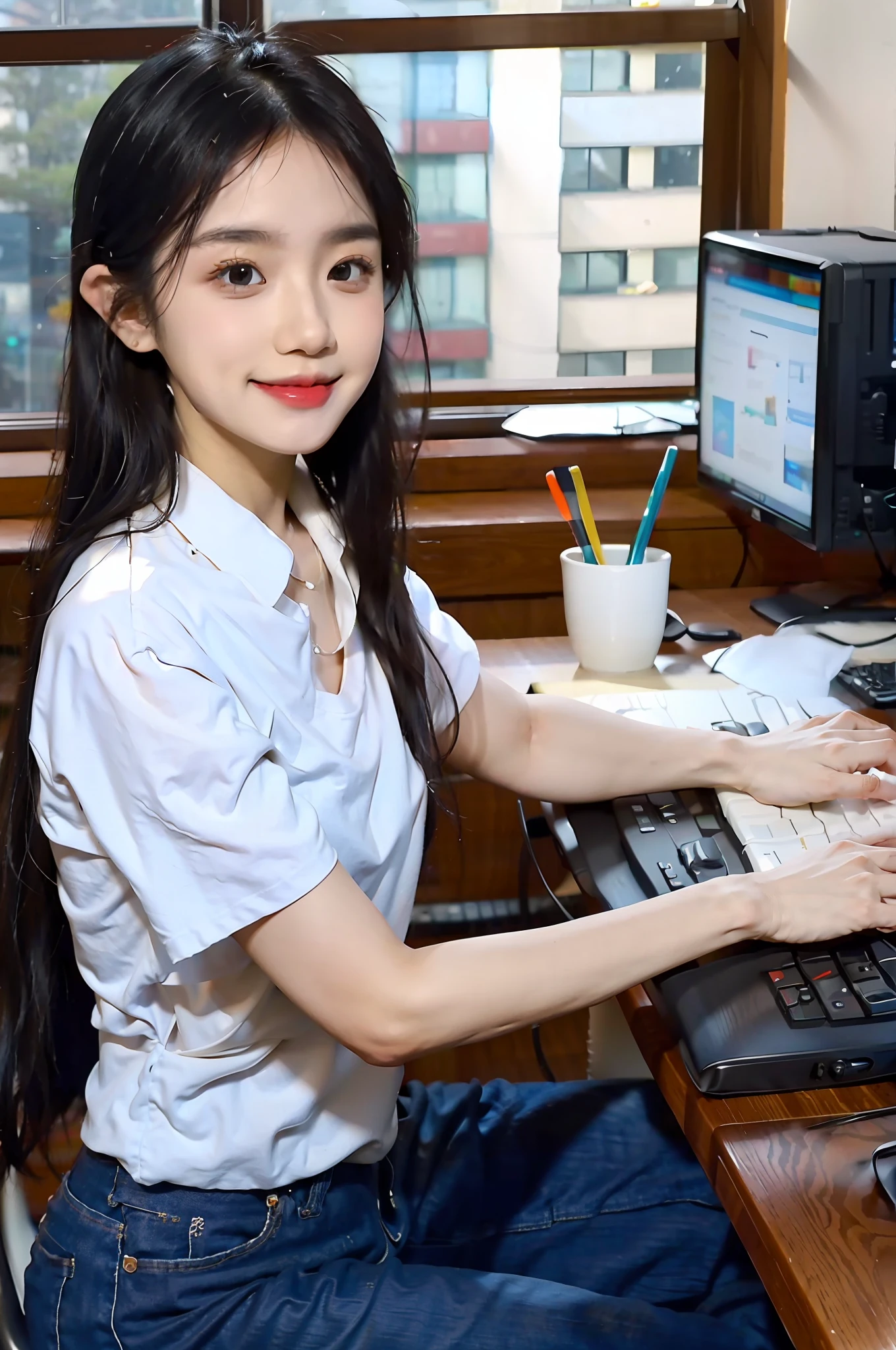 Masterpiece, Best quality, offcial art, 8K wallpaper, Very detailed, illustration, 1 girl,Character side, Black hair, Long hair, Detailed eyes, 城市, White T-shirt, Jeans, Pure, Look at the computer with a smile, desk, Computer, Stare to the right, keyboard, Head resting on the chair, Natural head, Office，Complete ears，Unobstructed ears，Urban office environment。Off-white environment，Minimalist environment，Look at the computer，Look at the computer，Looking at the PC，sideface，Side Body，Lateral face