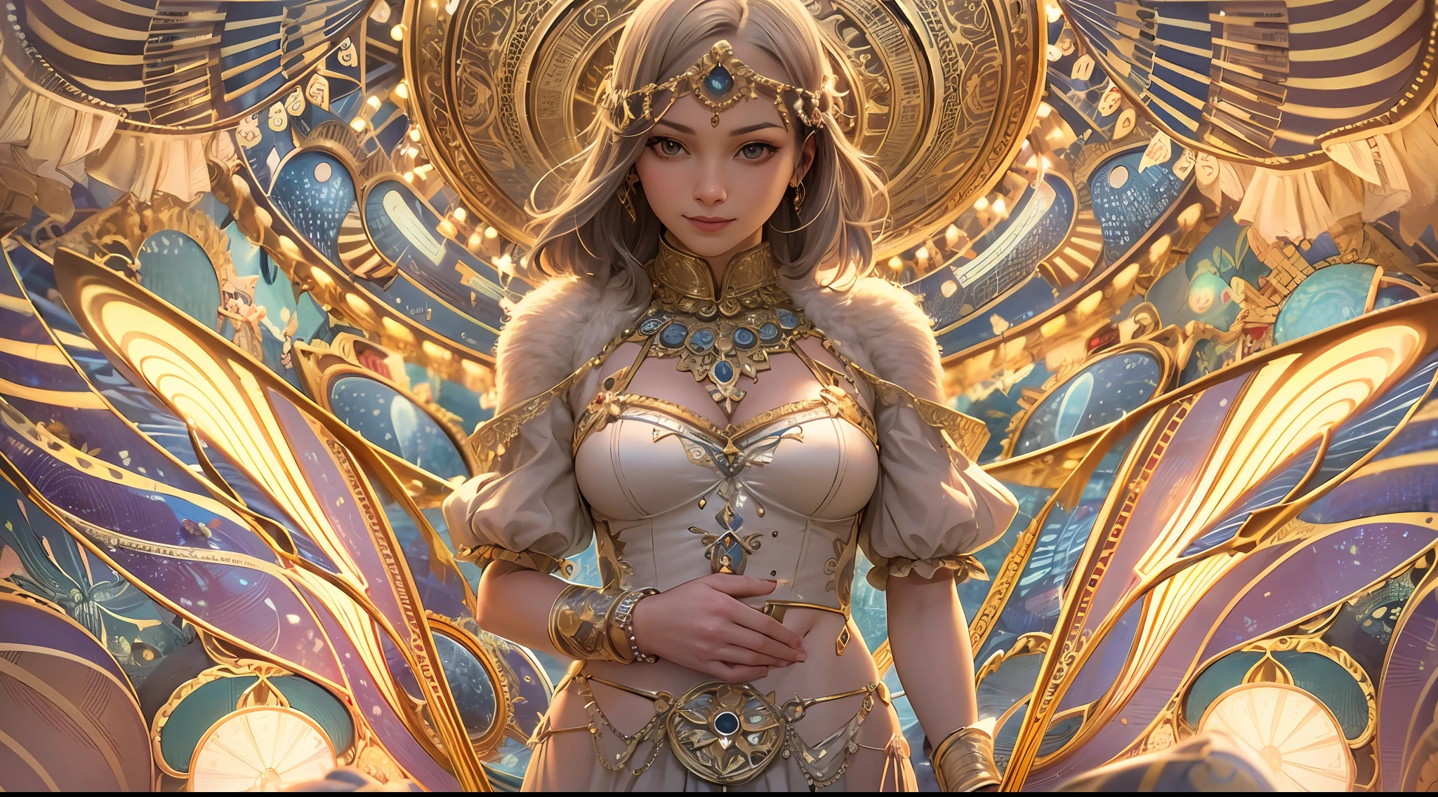 a girl on the beach, Goddess of Dance、Sensual dance on a circular stage、A smile、A magic circle appeared overhead and at your feet.、 hyper detailed painting, luminism, 4K resolution, fractal isometrics details bioluminescence , Intricately detailed , Cinematic,Isometric-centric surreal , Cinematic, Abstract beauty, Approaching perfection, Pure form, Golden ratio, minimalistic, Concept art, Intricate details, High resolution, hyperdetails, Highly detailed