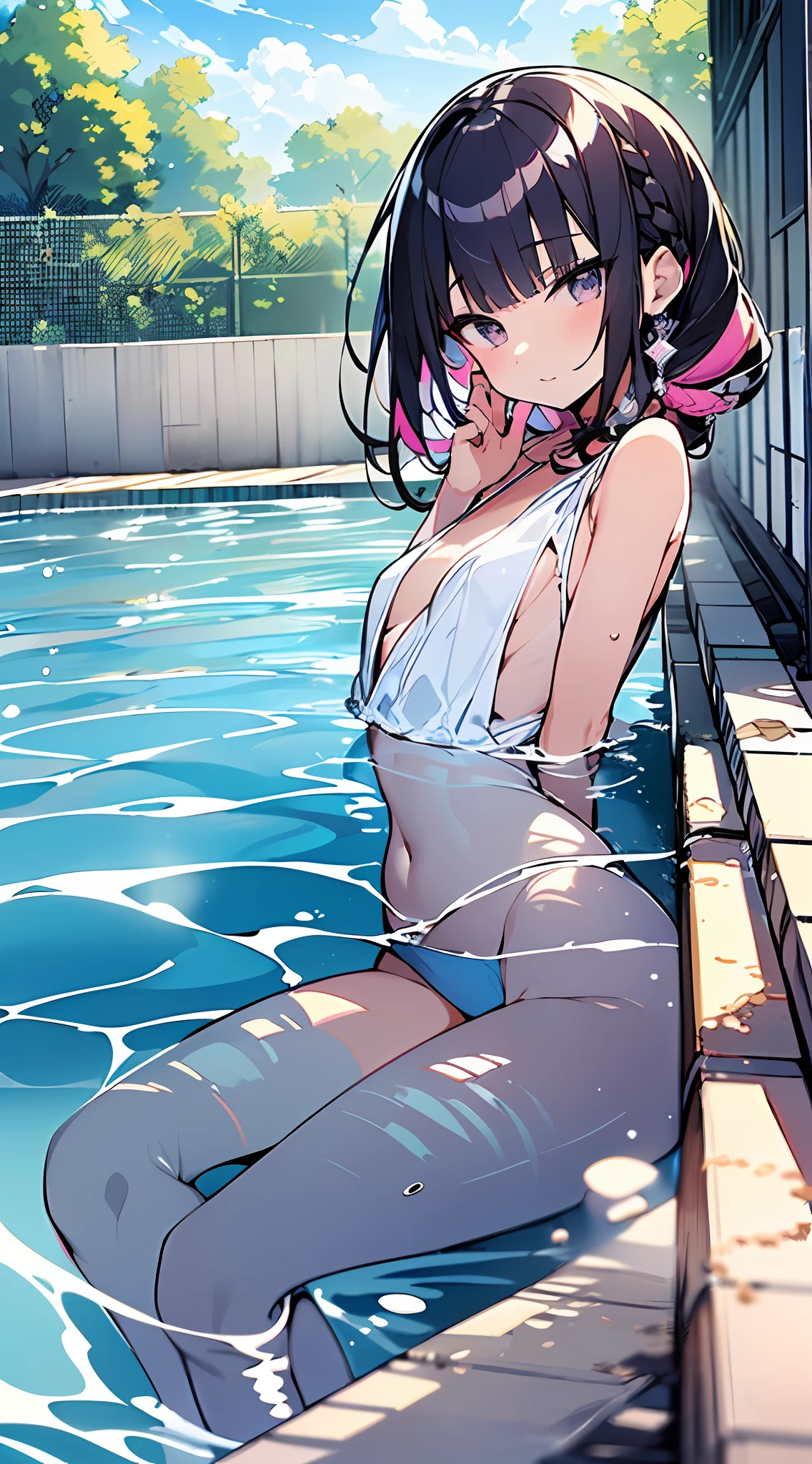(Incredibly ridiculous absolute resolution:1.5)、Anime girl in glamorous icicle pink bikini, anime moe art style, Seductive Anime Girl,Anime , 8k Manga Wallpapers,((small curvy loli pretty anime girl,((swimming pools))、large boob、(The length of hair to the shoulders)、(short braided hair)、Beautiful anime girl, (Anime Girl), clean detailed anime art