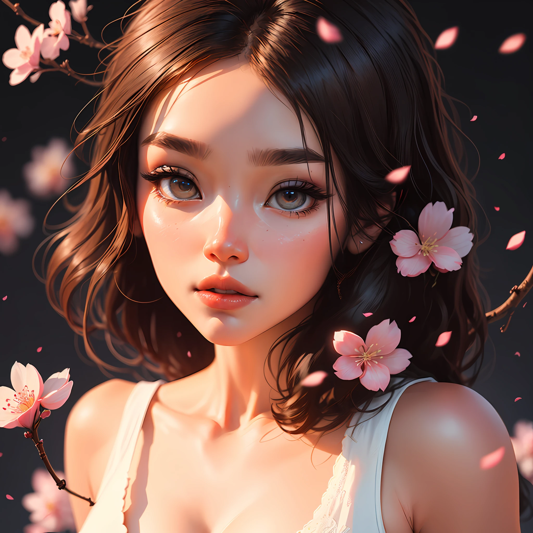 (Close-up, extremely delicate, beautiful CG quality)Single person on cherry blossom tree background，The skin and standby device are complementary and highly saturated colors，Black background，The extremely detailed facial features of the characters and a pair of eyes with great visual impact。 --auto