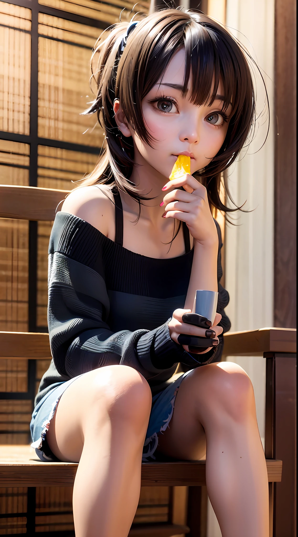 3D,Kizi,Beautuful Women,Sitting down, leaning over to eat, suddenly looking up at me, She brought the spoon to her mouth,combed hair,Spoon the soup to your mouth,