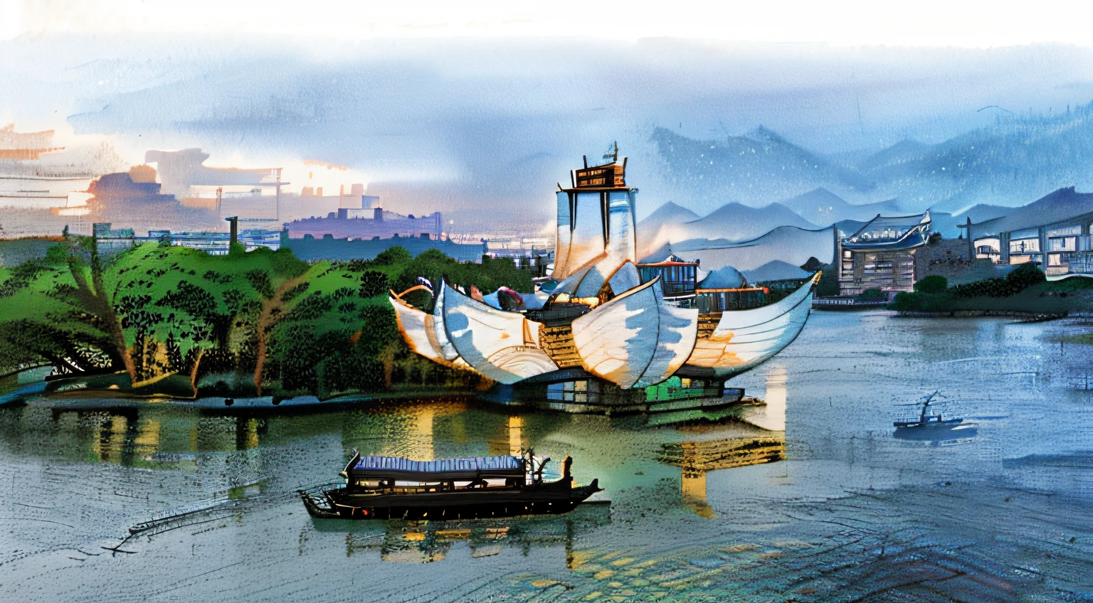 There is a boat floating in the water near the building, inspired by Zha Shibiao, Hangzhou, author：Chass is silent, Floating palace, feng zhu |, As night fell, golden hour in beijing, beijing, In the evening, taken with a Sony A7R camera, baotou china, lotus flowers on the water, Chinese architecture, Chinese style, ink style, line, gongbi