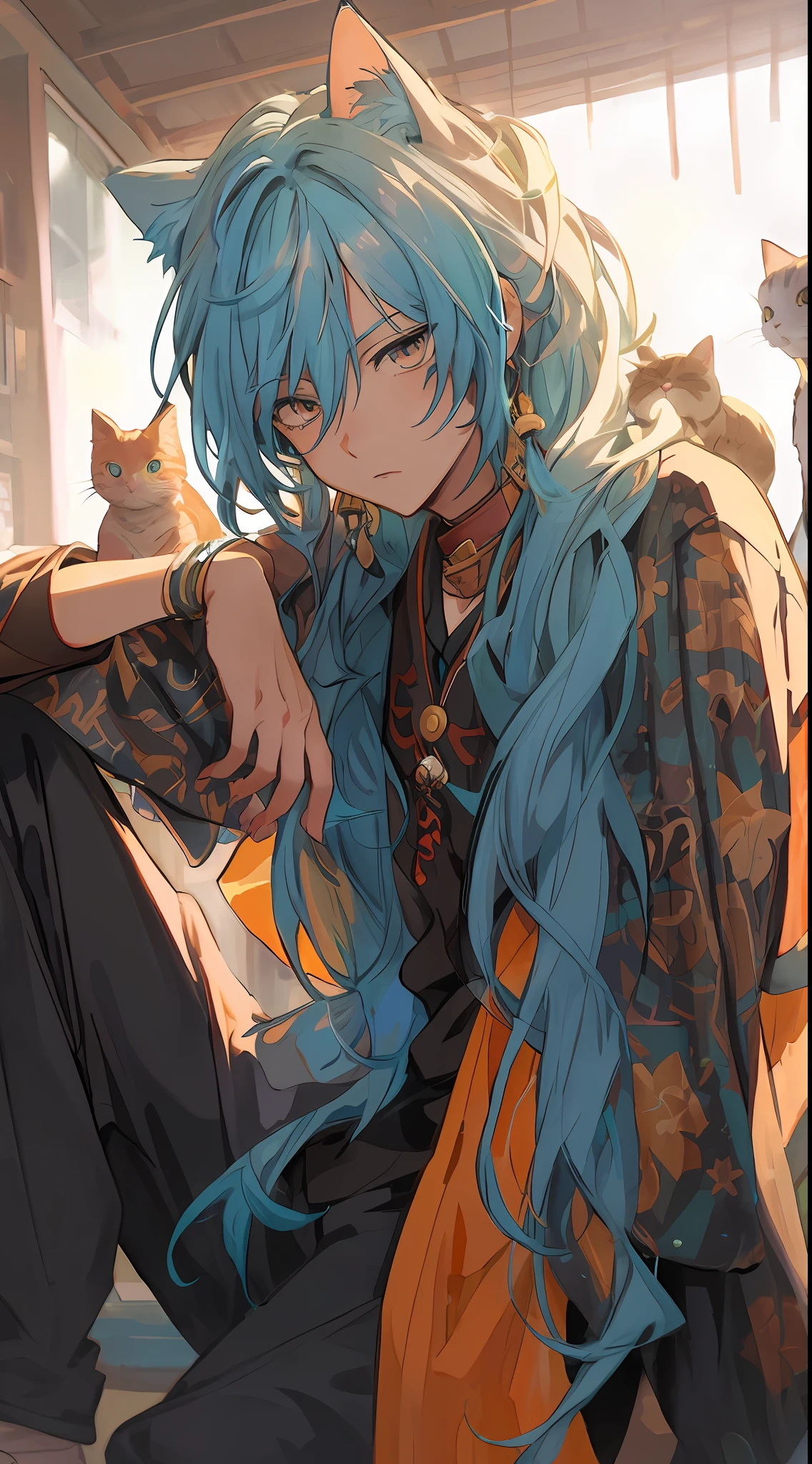 Anime - style image of a man with blue hair and a cat, by Shitao, Beautiful Anime Cat Guy, anime art style, , anime style 4 k, Anime Illustration, Trending on ArtStation pixiv, by Kamagurka, Anime Men With Teal Hair, no type, pixiv style