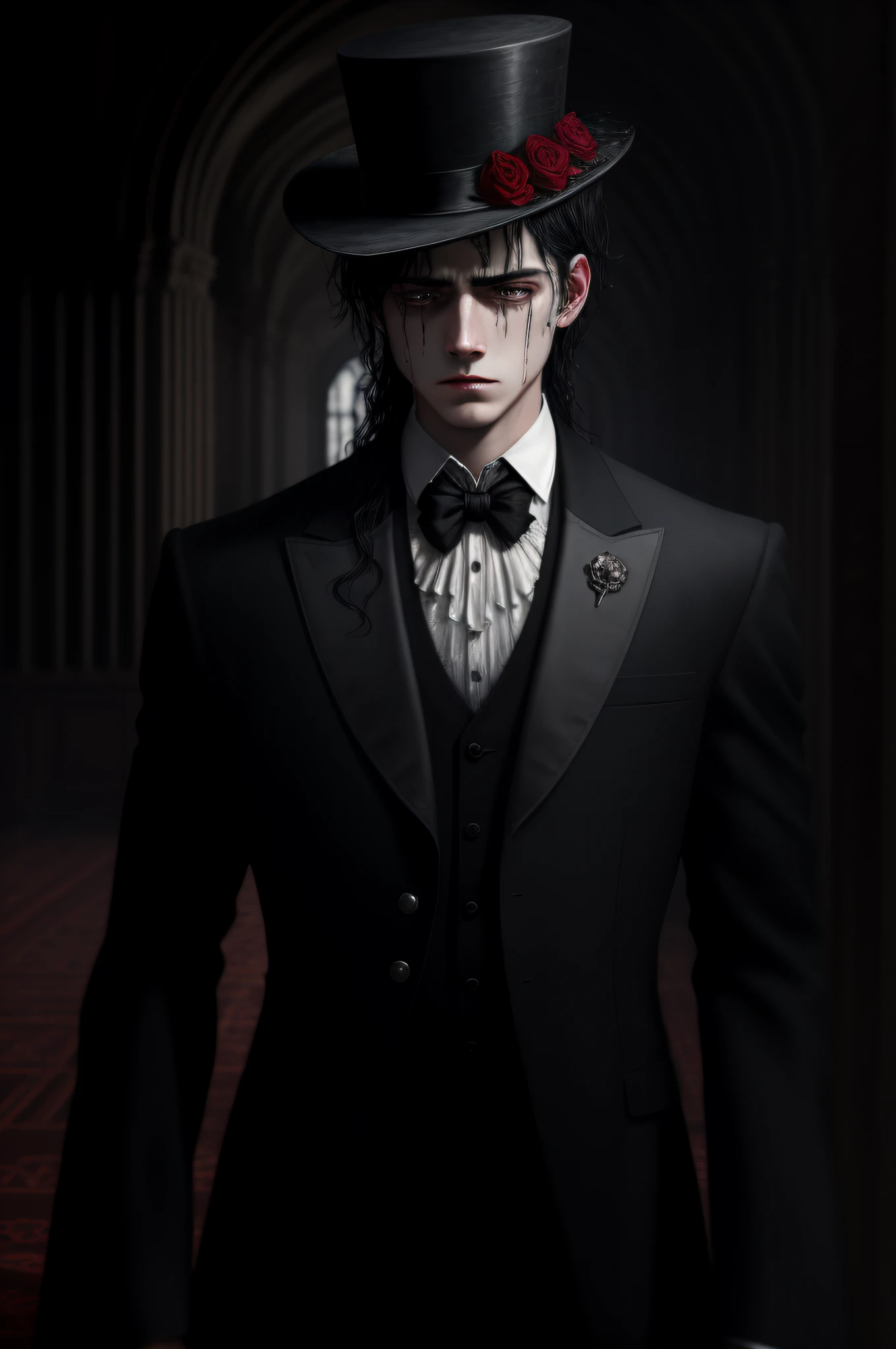 court, lovely boy, sad, weeping, blood stain, Room on fire, black hair, mini top hat, mole under eye, streaming tears, despair, Romanticism, Gothic art, masterpiece, UHD, high details, high quality