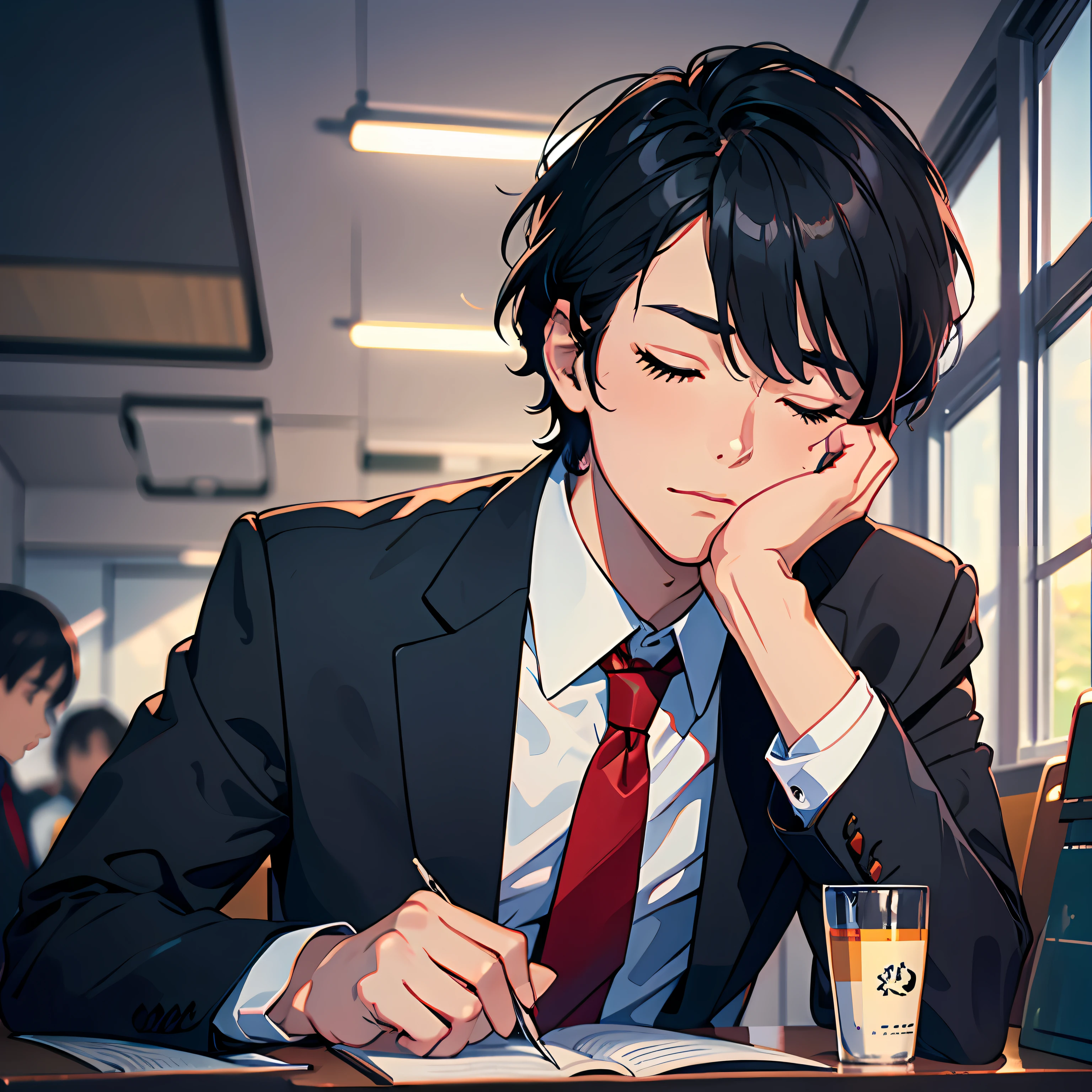 1boys,Black color hair,,red pupils,Round handsome face,,dressed in a suit,red necktie,Black suit,,perfectly proportioned, Cinematic lighting, filmgrain, Fuji colors, lightand shade contrast, 8K, 巨作, Textured skin, Super detail, high detal, High quality, A high resolution,,Sleep on your stomach on your desk in the classroom with your eyes closed
