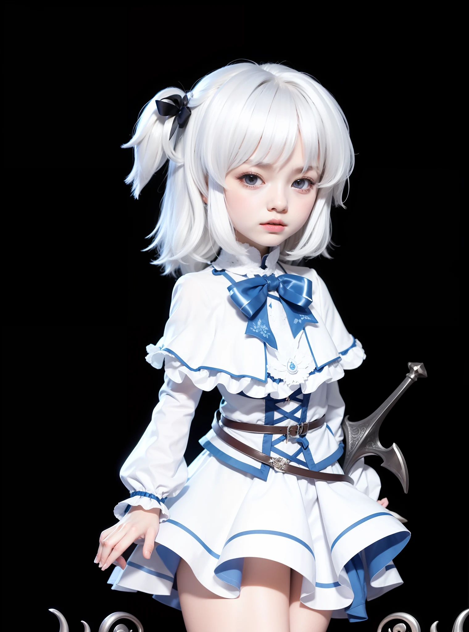 roleplaying,(12year old)Beautiful age girl,White color hair,white stockings,White cape,Slim body,Lovely face,Three-dimensional black background,See a fantasy character that is about to disappear,Great visuals。