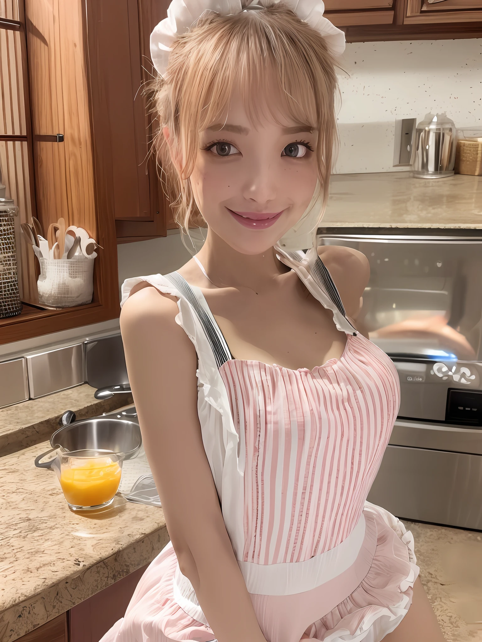 a closeup portrait of a playful maid, undercut hair, natural, apron, amazing body, pronounced feminine feature, kitchen, [ash blonde | ginger | pink hair], freckles, flirting with camera