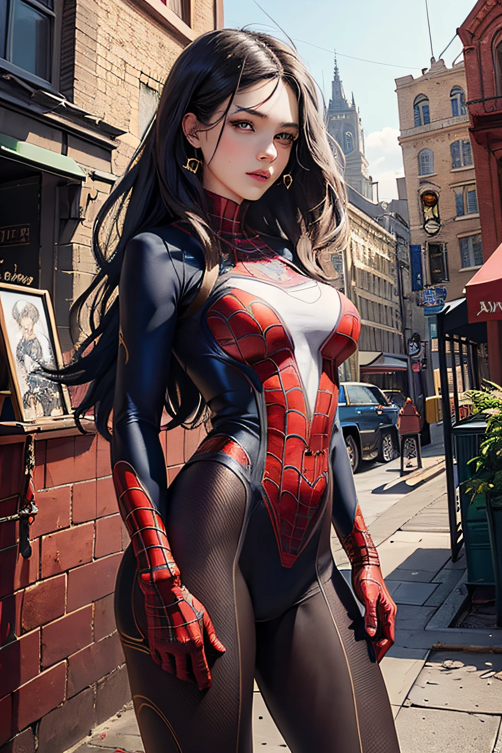 （tmasterpiece，top Quority，best qualtiy，offcial art，Beautiful and aesthetic：1.2），（1girll），Spidey，Female Spider-Man，Red Spider-Man suit，Extremely detailed，Colorful，highestdetailed，offcial art，统一 8k 壁纸，ultra - detailed，Beautiful and aesthetic，big breasts beautiful，tmasterpiece，best qualtiy，（zentangle，datura，Tangles，entangled），holy rays，gold foil，Gold leaf art，glitter drawing，Spidey，PerfectNwsjMajic