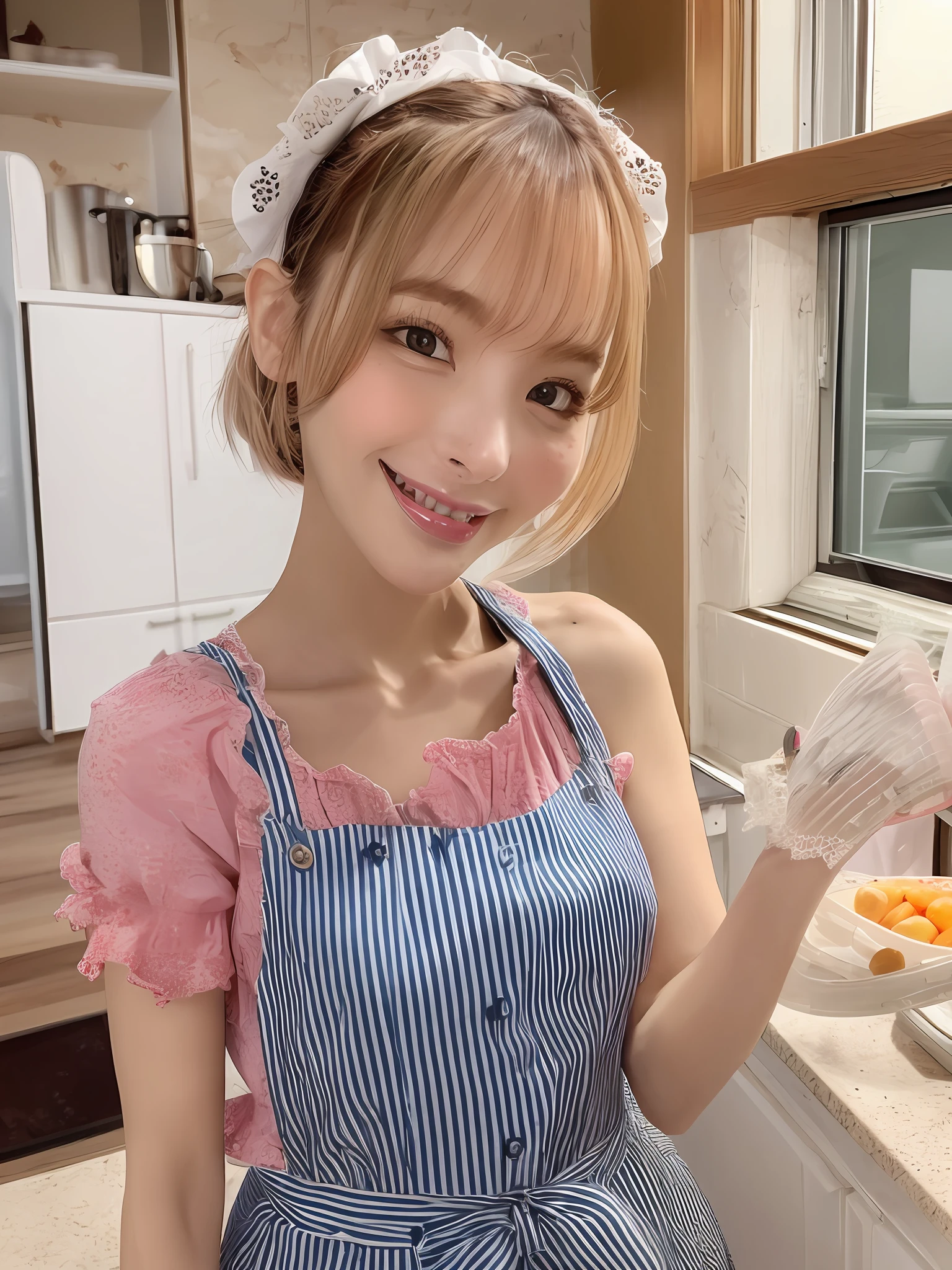 a closeup portrait of a playful maid, undercut hair, natural, apron, amazing body, pronounced feminine feature, kitchen, [ash blonde | ginger | pink hair], freckles, flirting with camera