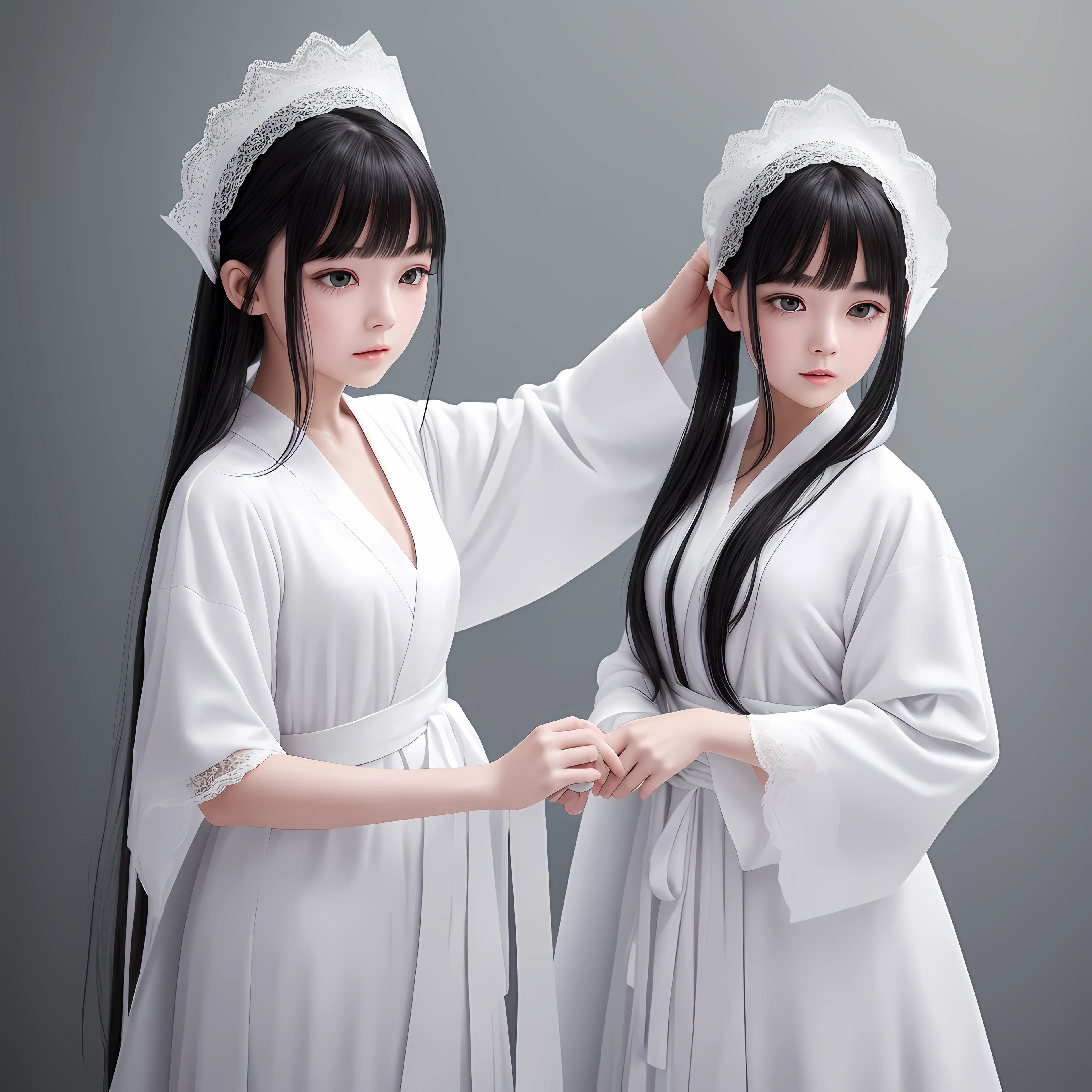 White flowing robe and gauze dress,The black hair was gently held up on the top of the head like flowing black ink,Her eyes were round and black,Long eyelashes like fog,Groomed her eyebrows extremely moist,Her pointy little face,Skin is like soft snow。Her whole person is like a young and noble princess。 --auto