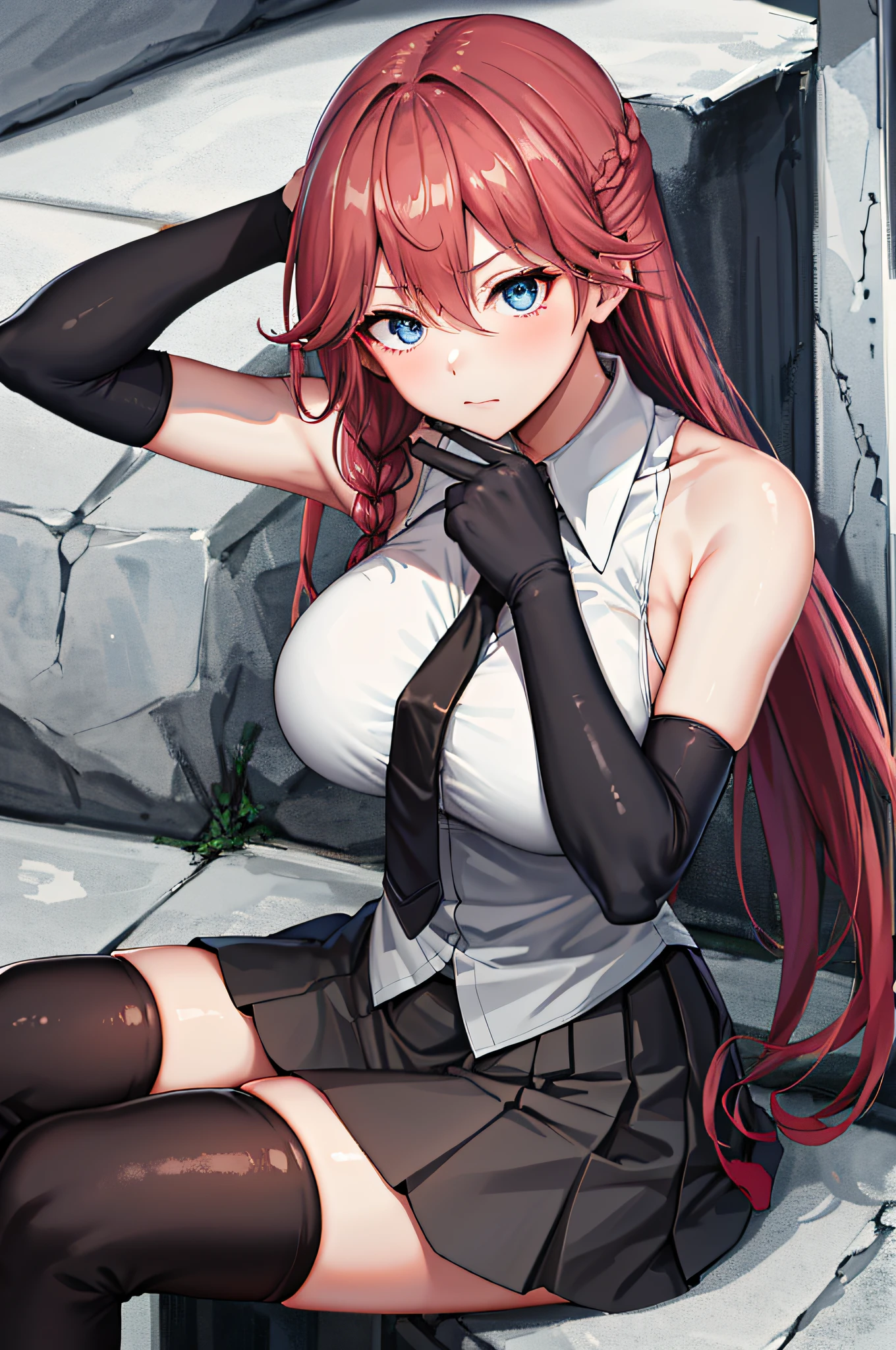 masterpiece, best quality, highres,lilith1, 1girl, solo, braid, elbow gloves, black thighhighs, sleeveless, black gloves, black necktie, sleeveless shirt, large breasts, bare shoulders, pleated skirt, black skirt, white shirt, miniskirt, ruins, sitting, hand on own face, crossed legs, hand on own knee,