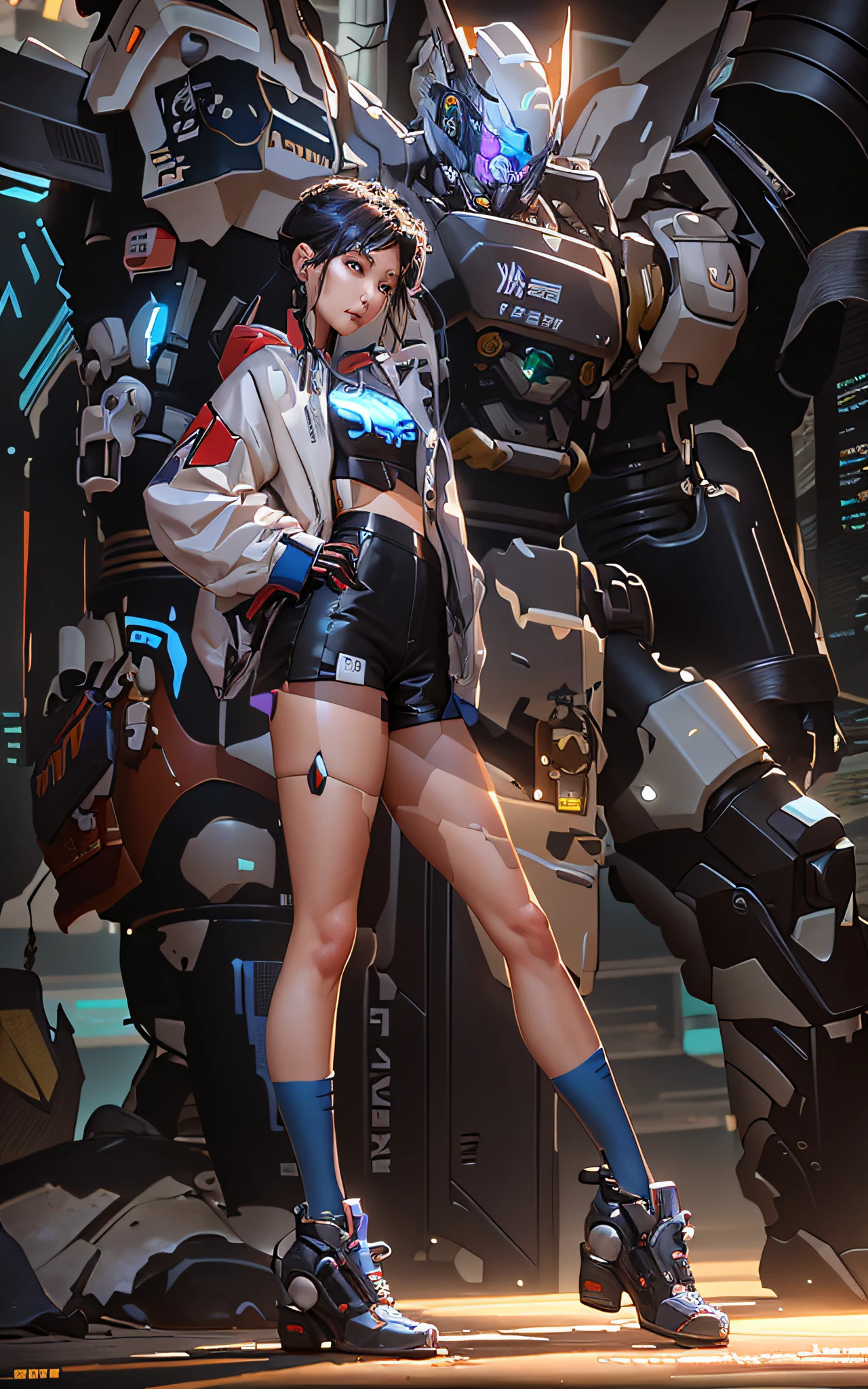 anime girl in short shorts and jacket standing next to giant robot, artwork in the style of guweiz, cyberpunk anime girl mech, trending on cgstation, guweiz, by Russell Dongjun Lu, digital cyberpunk anime art, ross tran 8 k, guweiz on artstation pixiv, girl in mecha cyber armor