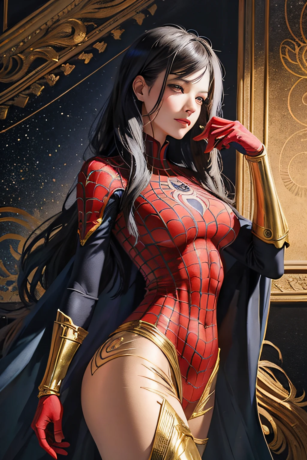 （tmasterpiece，top Quority，best qualtiy，offcial art，Beautiful and aesthetic：1.2），（1girl），Spidey，Female Spider-Man，Red Spider-Man suit，Extremely detailed，Colorful，highestdetailed，offcial art，统一 8k 壁纸，ultra - detailed，Beautiful and aesthetic，big breasts beautiful，tmasterpiece，best qualtiy，（zentangle，datura，Tangles，entangled），holy rays，gold foil，Gold leaf art，glitter drawing，Spidey，PerfectNwsjMajic