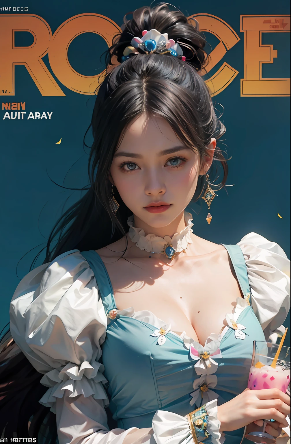 dutch angle, perspective, cinematic lighting, Fujicolor, vignetting, highres, anatomically correct, (magazine cover: 1.5), (advertising magazine cover: 1.4)), (reality: 1.4), (original: 1.2), masterpiece, best quality, 8K RAW, 16K, beautiful clean face, full body, 1 woman, Perfect proportions, large , (no breastse: 1.6), long black hair, single ponytail, princess dress, puff sleeves, rful bubble background, colorful streamers, complex light and shadow, rich details