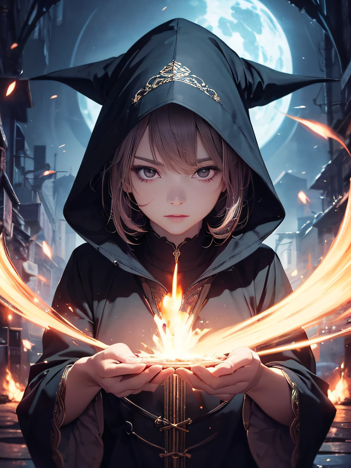 (((The picture quality is extremely high))),Best resolution CG illustration,A witch with a strong anime style, The nose is high and crooked,orthofacial,The upper part of the body,Wearing a hood,Mysterious and solemn。