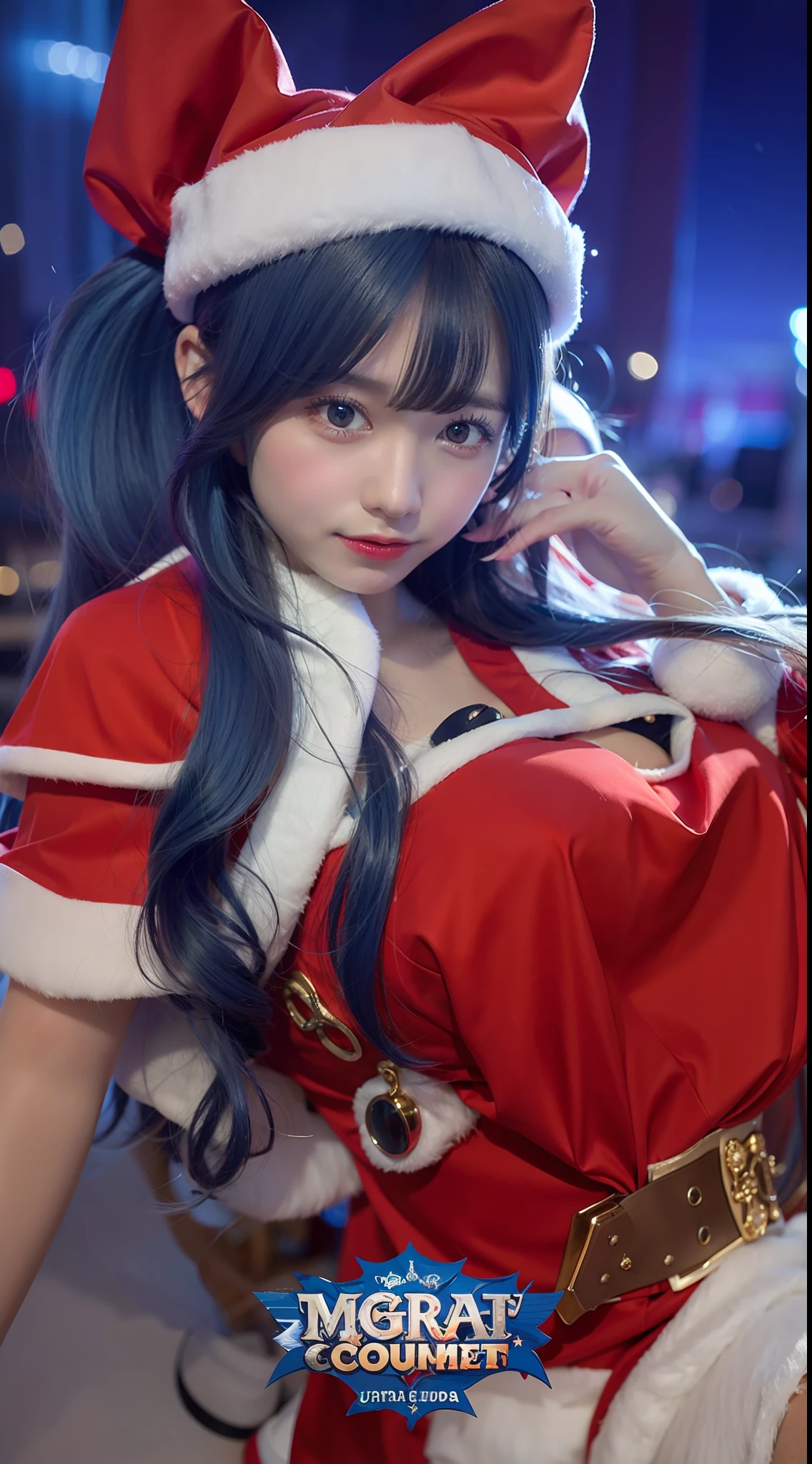 1grils,eudora,costume Santa,Long hair,blue hair,realistic,ultra, detail,70mm lens,
