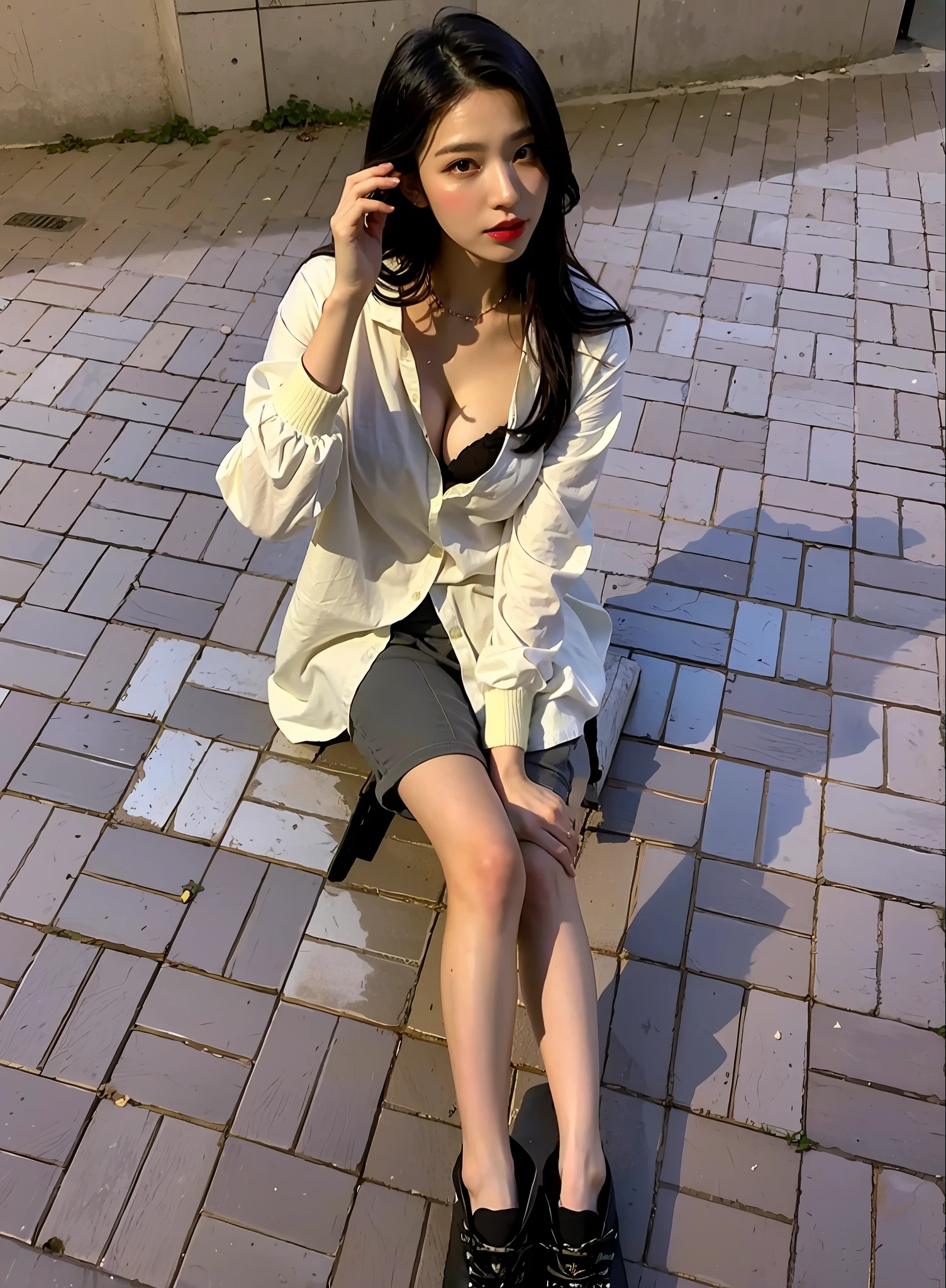 (best qualtiy,8k,32k,tmasterpiece,UHD:1.2),Photo beautiful Korean woman,gigantic cleavage breasts,sface focus,oversized_sweater,from the above,looking at viewert,