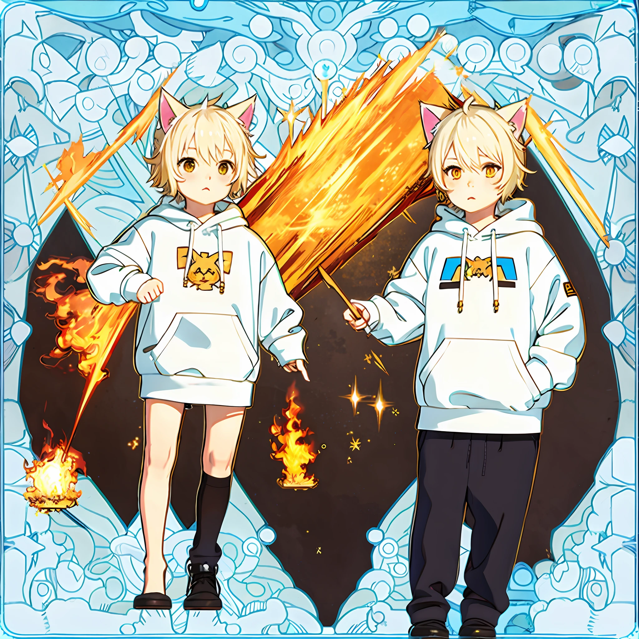 White hair，cat ear，Shota，White sweatshirt，Golden pupils，lovly，ember，Short hair