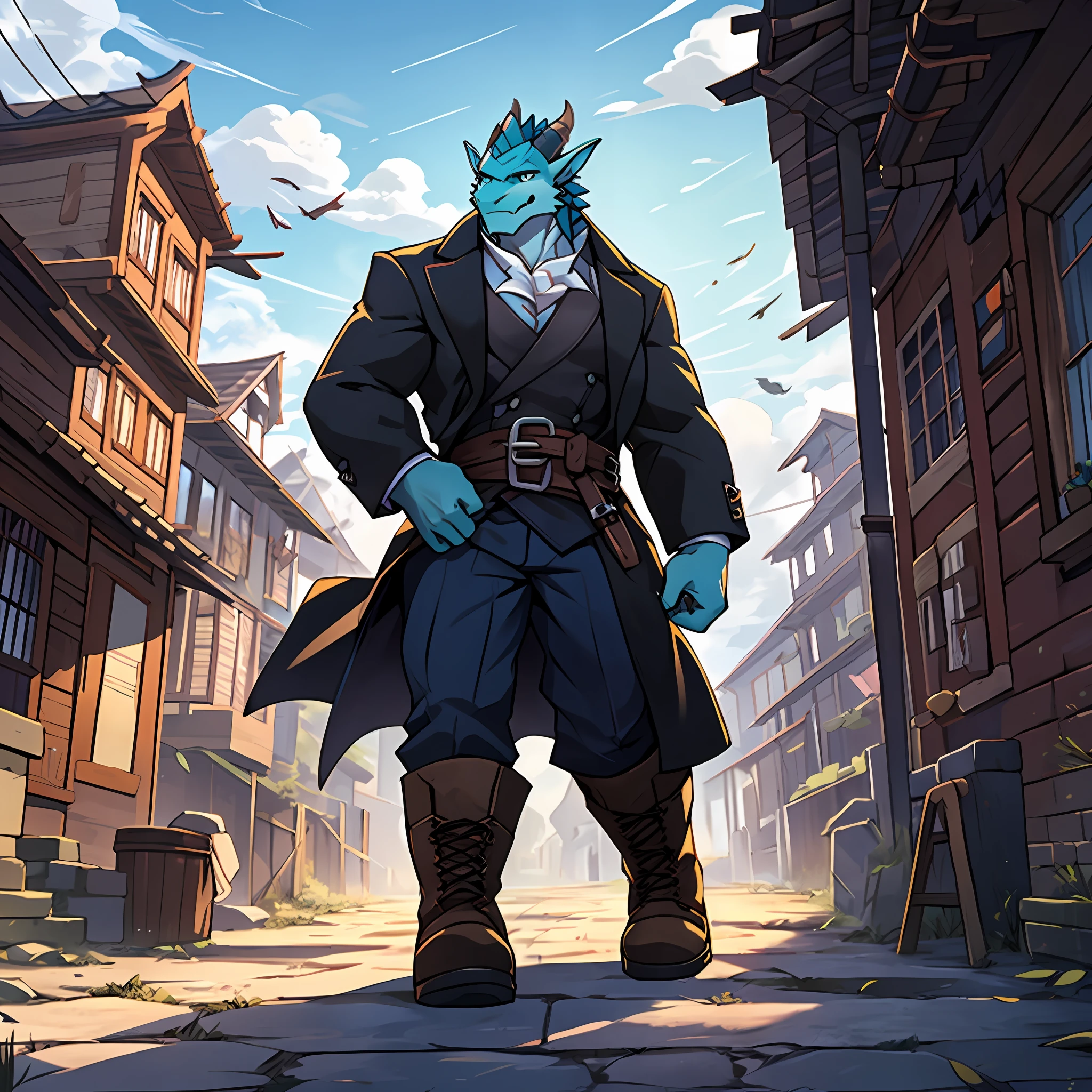 独奏，Western Dragon Orcs，Very thin and tall figure，Handsome model，Dark blue scales，Violet pupils，There are fine cyan scales at the corners of the eyes，Wear a black trench coat，wearing boots，Step into the run-down alleys，Face away from the picture，smoke of gunpowder，overcast day，dark cloude