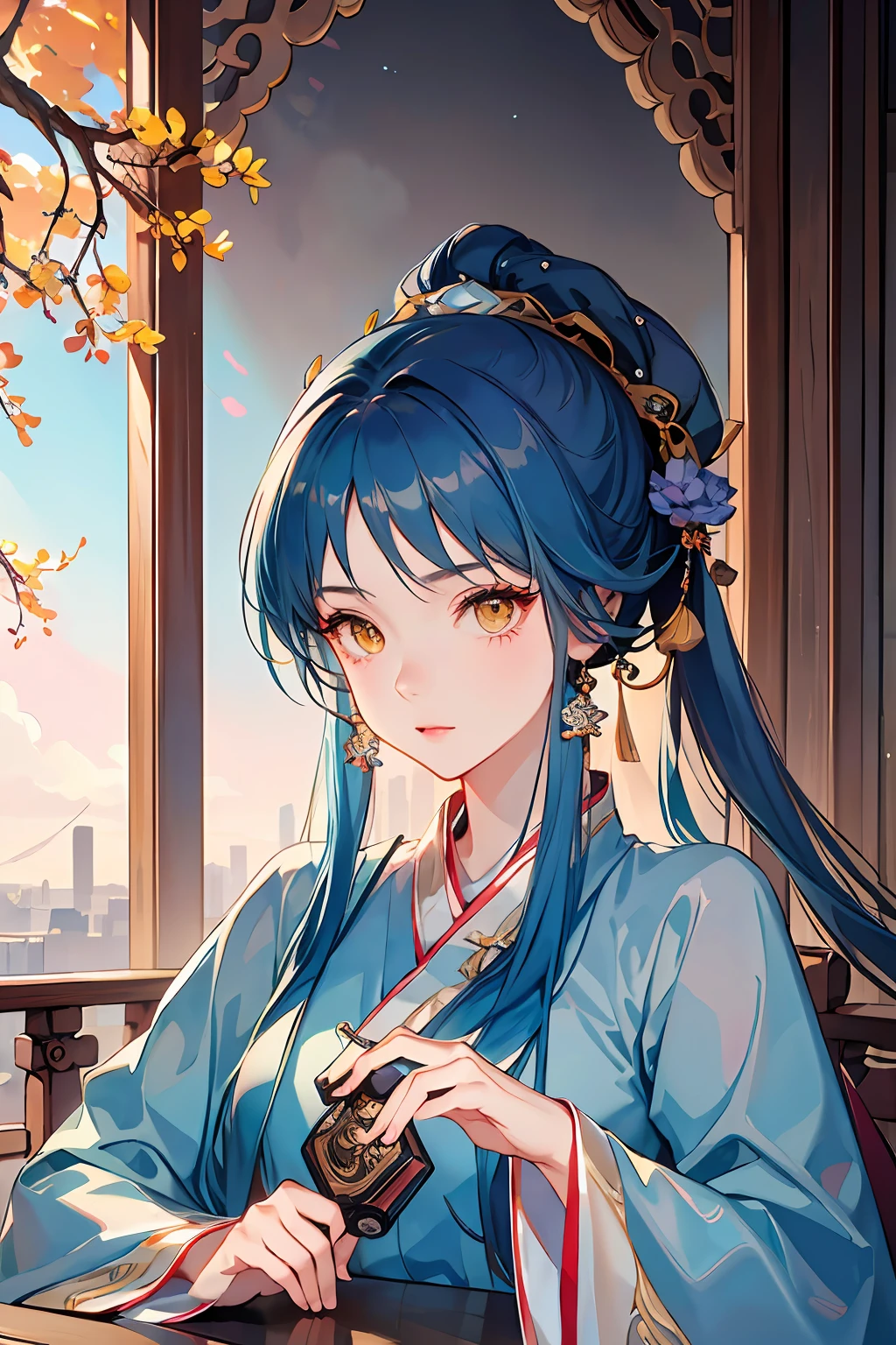 tmasterpiece，profesional lighting，photon maping，Radio City，physically-based renderingt，1girll，full bodyesbian，absurderes，A high resolution，skylines，Beautiful detailed sky，Covered with，（Hanfu，Ming style），Yellow eyes，Light blue high ponytail,Hanfu,middle score