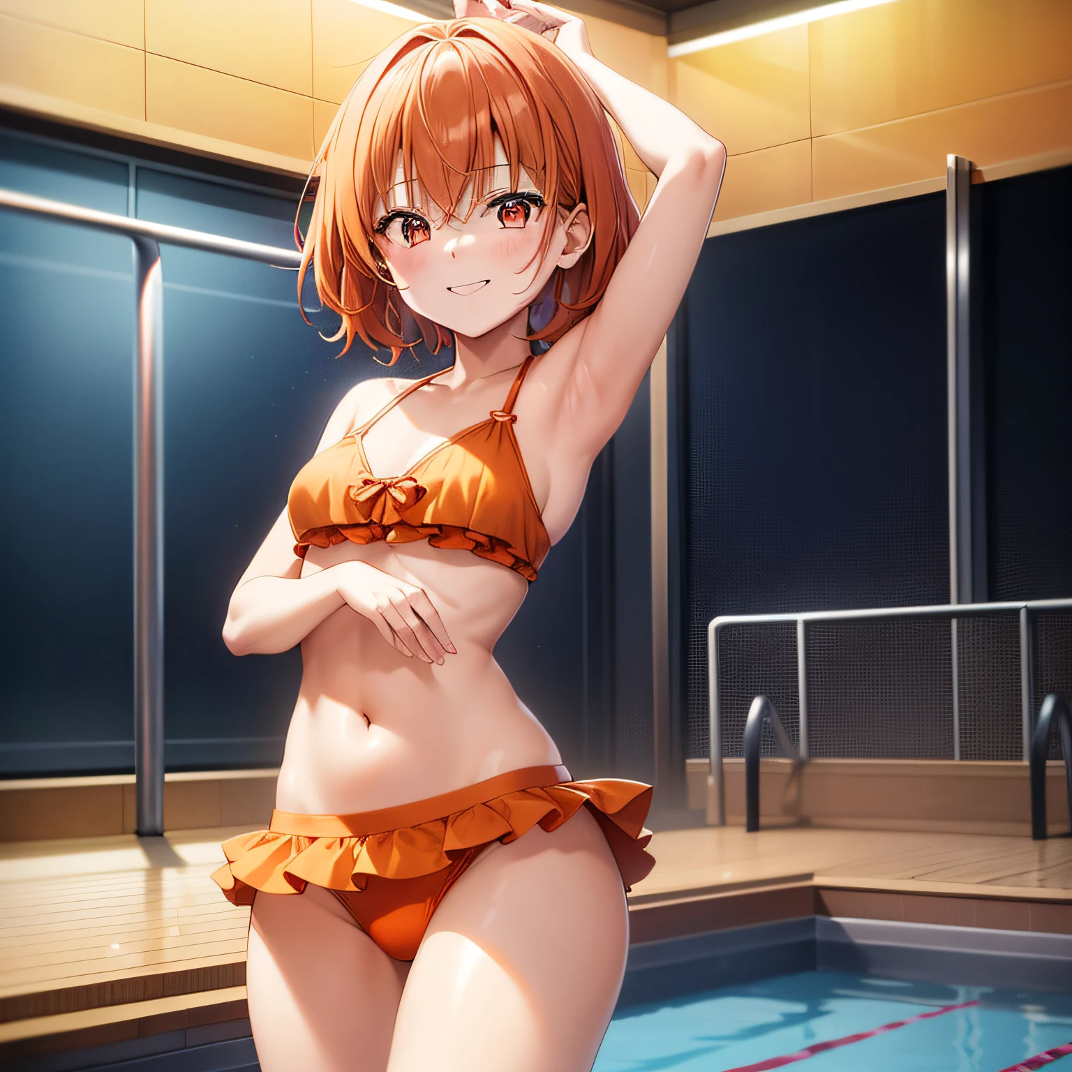 1girl in, {{{{Yu Kitazawa}}}}, {Band Dream!}, Orange hair, Red Eyes, Short hair, Small breasts,Orange high-leg bikini、Orange wrestling shoes、Indoor pool、Stand on a pool float、is standing、Screen behind、Happy smile、Raise your right hand high