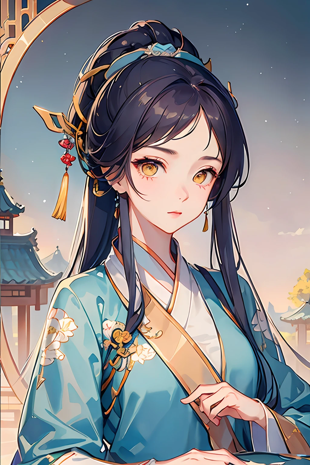 tmasterpiece，profesional lighting，photon maping，Radio City，physically-based renderingt，1girll，full bodyesbian，absurderes，A high resolution，skylines，Beautiful detailed sky，Covered with，（Hanfu，Ming style），Yellow eyes，Light blue high ponytail,Hanfu,middle score