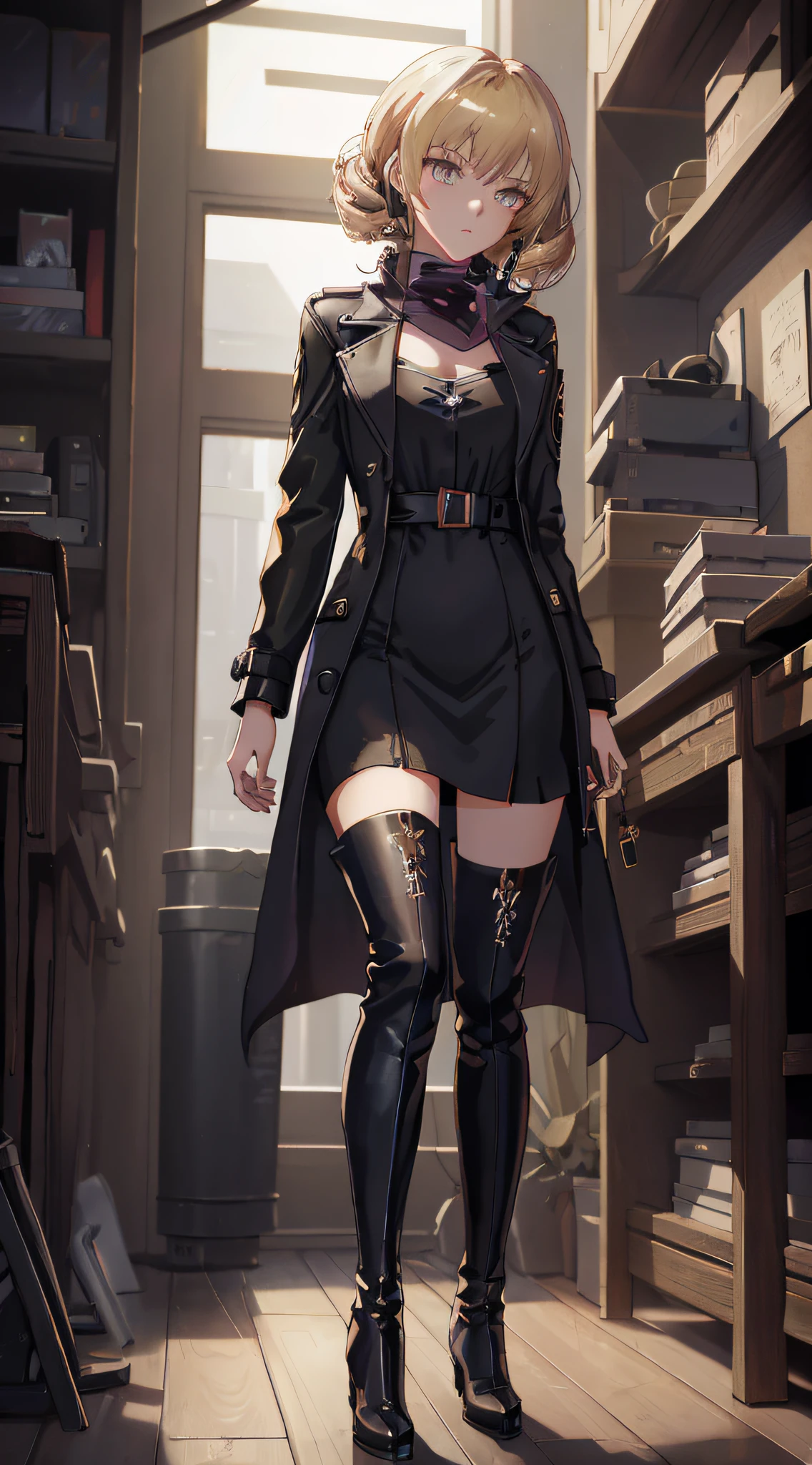 Anime - Style woman in black dress and boots in the room, Fine details. Girl Front, from girls frontline, 8K high quality detailed art, Kushatt Krenz Key Art Women, highly detailed character, detective clothes, high detailed official artwork, girls frontline style, photorealistic anime girl rendering, official character art, Girls Frontline CG, Female spy