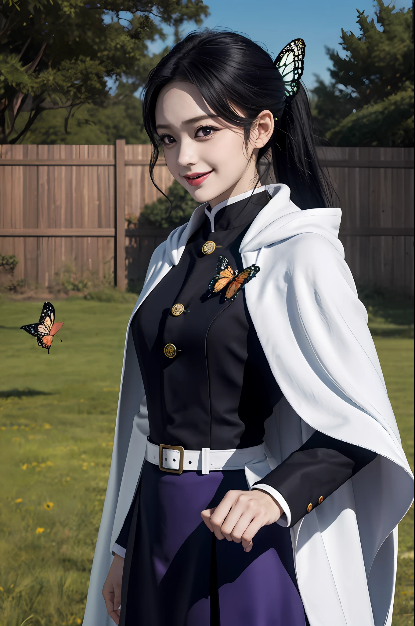 kimetsu no yaiba style、1girl、butterfly hair ornament、hair adornments、butterflys、demon slayer uniform、独奏、a purple eye、side poneyTail、Butterflies on hand、a smile、A dark-haired、White cloak、cape、plein air、bangss、The tree、fence、Black Uniform、Black skirt、