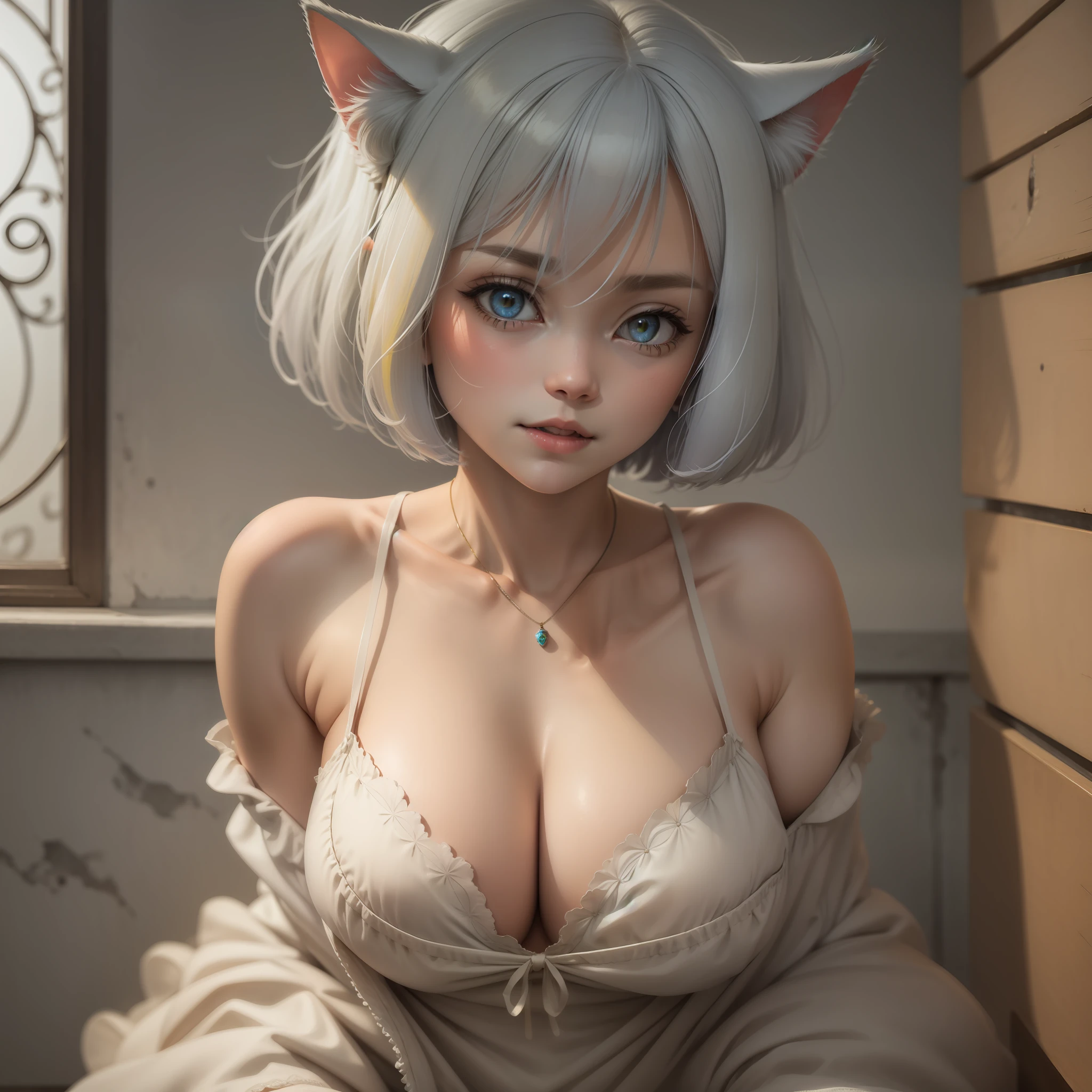 cat ear,short detailed hair,Yellow-haired,Lori huge breasts cleavage,starrysky