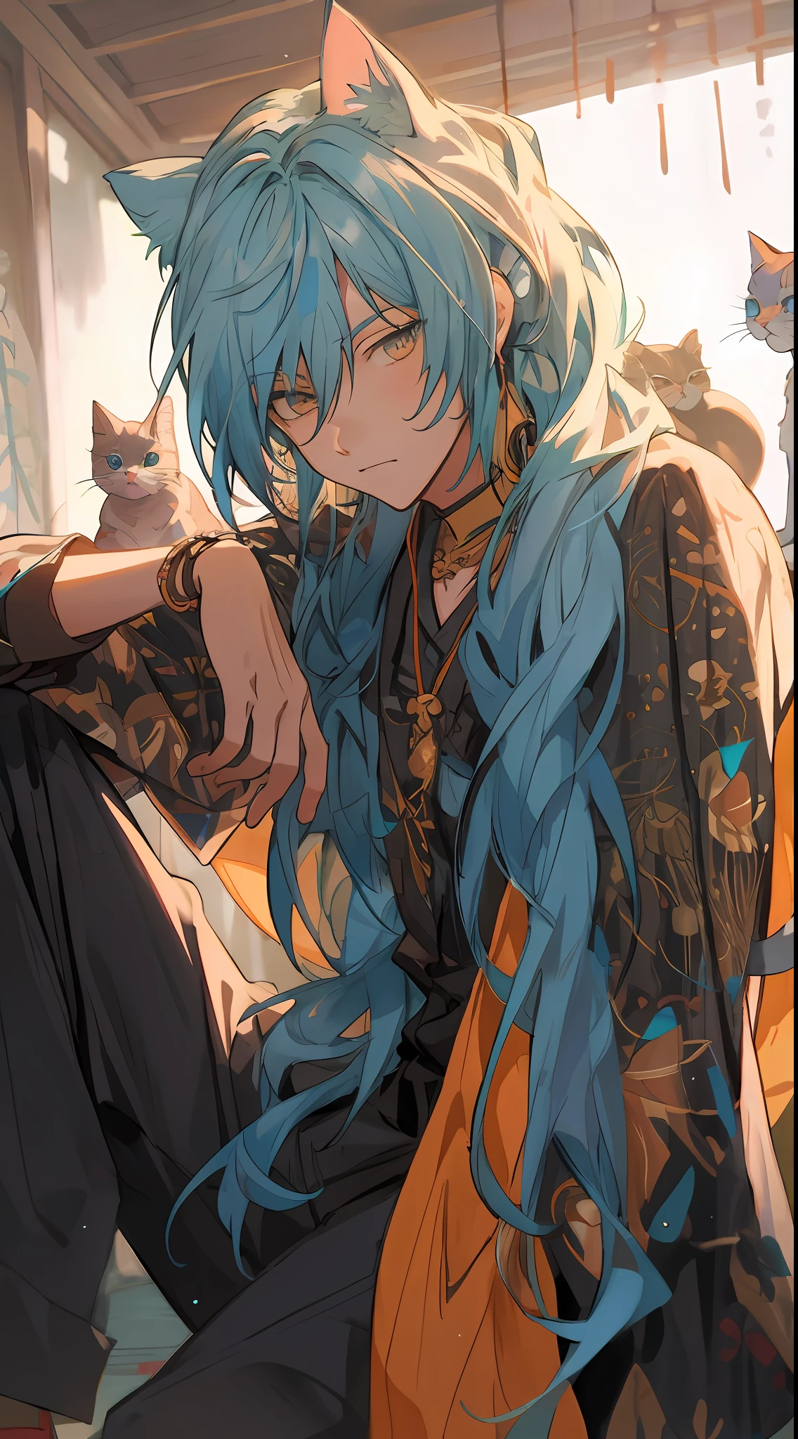 Anime - style image of a man with blue hair and a cat, by Shitao, Beautiful Anime Cat Man, Anime Art Style, , anime style 4 k, Anime Illustration, Trending on ArtStation pixiv, by Kamagurka, Anime men with teal hair, no type, pixiv style