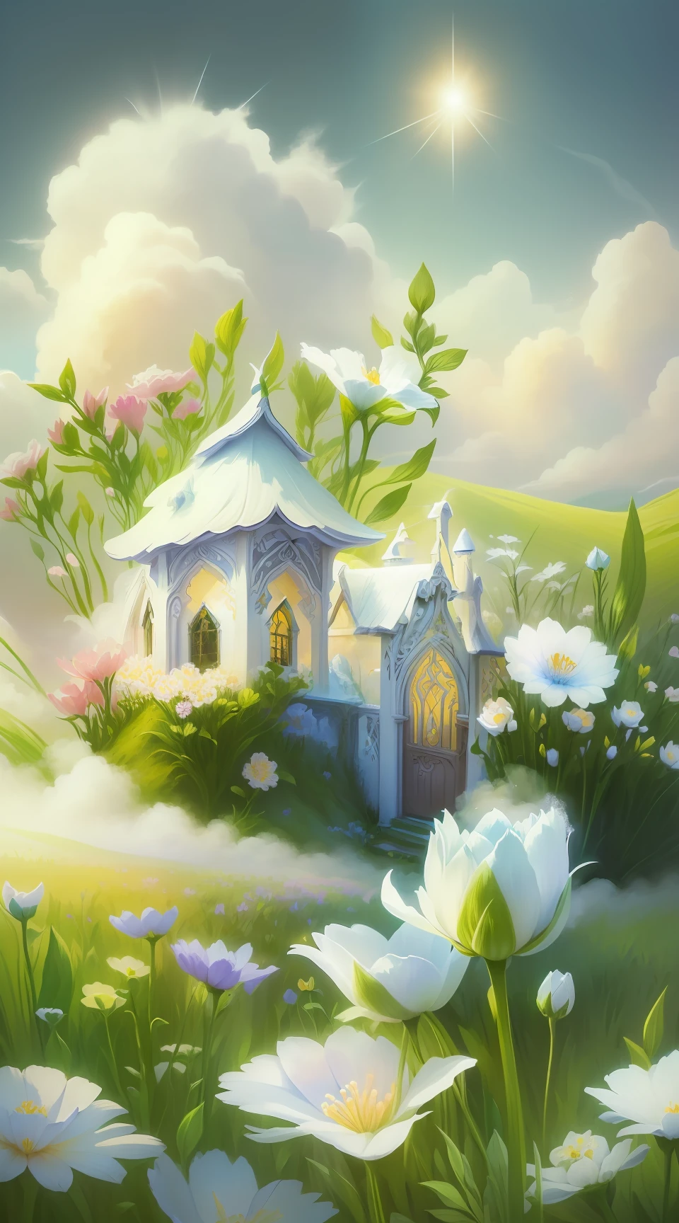 Fairy tale scene surrounded by flowers and grass, in white clouds fairyland, in the white clouds fairyland, Beautiful fantasy painting, magical fairy background, whimsical fantasy landscape art, Fairy atmosphere, very magical and dreamy, DreamlikeArt, Very Beautiful Digital Art, field of fantasy flowers, A beautiful artwork illustration, Beautiful digital artwork, detailed fantasy digital art