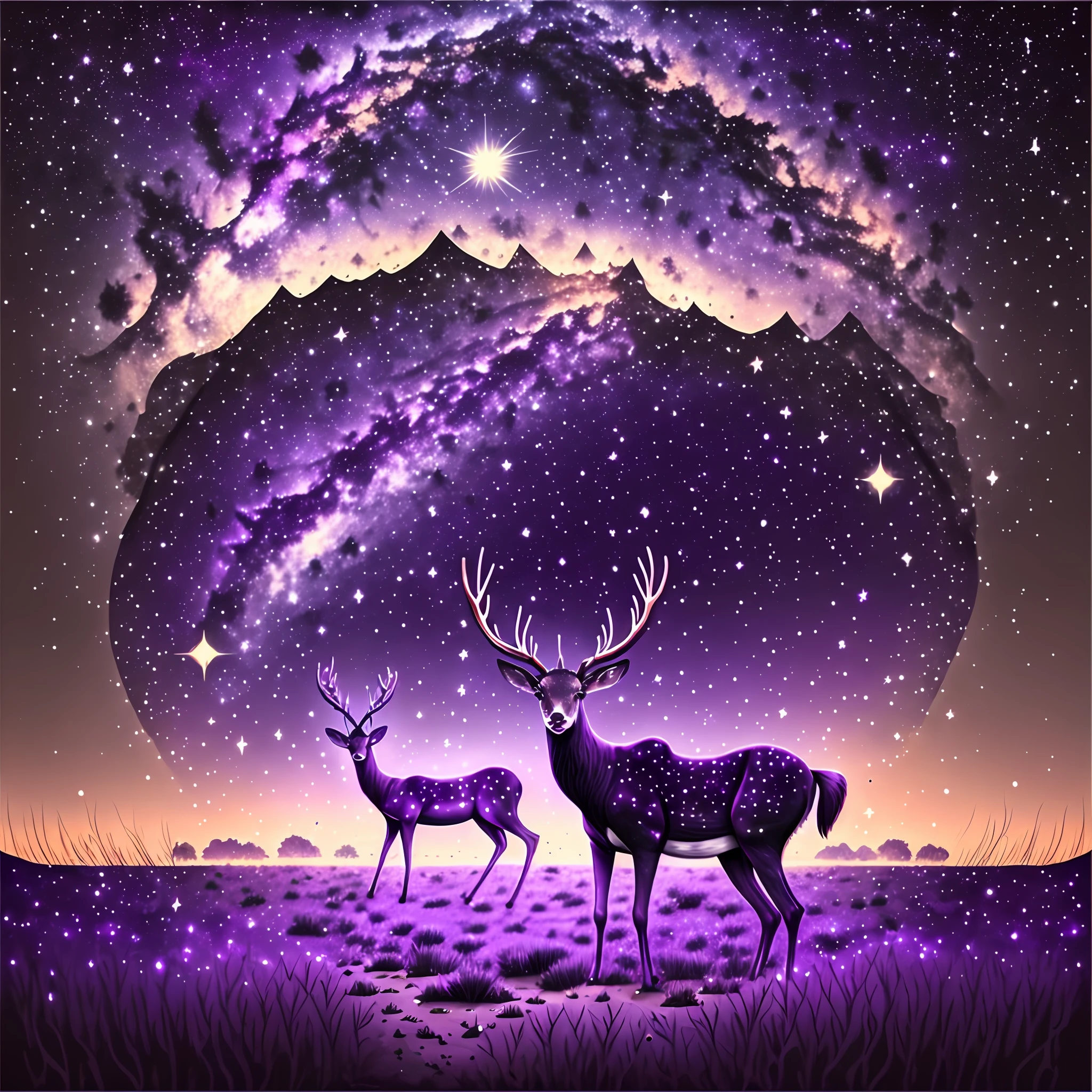 starrysky,deers,purpleish color ,Warm colors,bleak