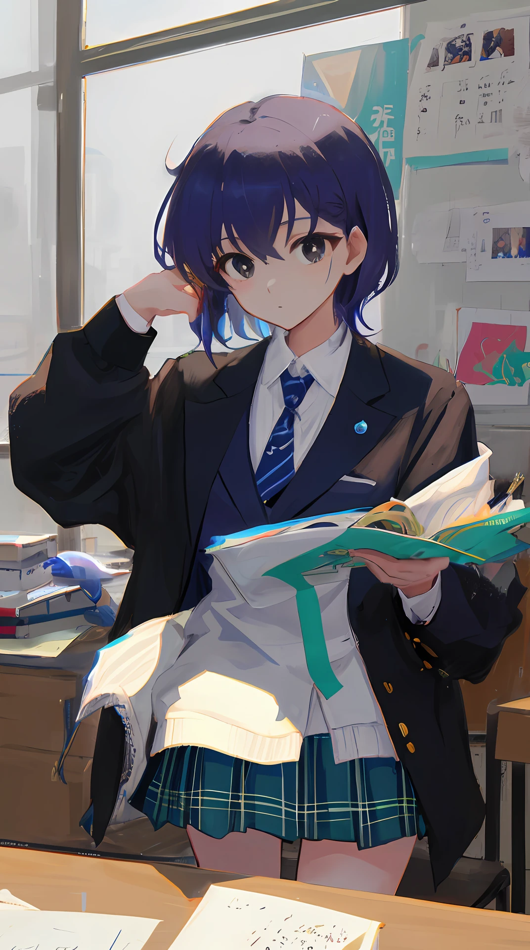 A high resolution， Sharp focus， Pixiv masterpiece， （（Complicated details））， highly  detailed， full bodyesbian， inaba_himeko， 1girll， Black hair， Black sweater， （Blue and black eyes：1.3）， 校服， Sweaters， Formal shirts， jaket， blazer jacket， blueribbon， The shirt， plaid skirts，photorealestic，人物，16k，Need，short detailed hair，