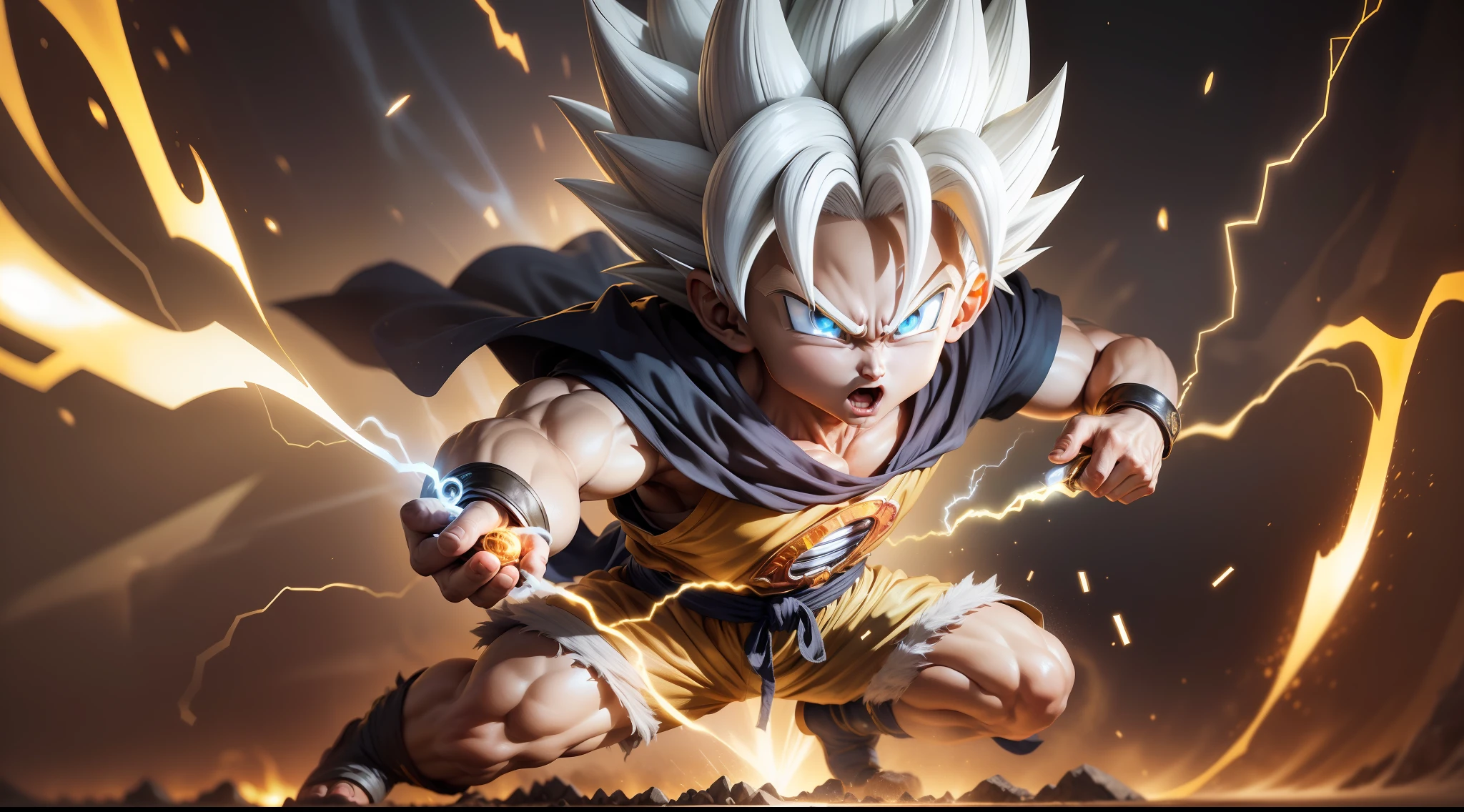 Masterpiece), (Extreme Quality), (Ultra Detailed), (delicate face), (detailed eyes), Full Body, 1 boy, (9 year old devil goku in super saiyan with white hair from Akira Toriyama's Dragon Ball manga: 1.7), solo, Chibi, Cute, perfect hands, (glowing metal objects hovering in the air and surrounding him:1.2),(Electric arcs and sparks:1.2),(flow of energy:1.2),(translucent magnetic lines:1.2),(golden silver grey and shimmering light effects:1.2), kamehameha pose