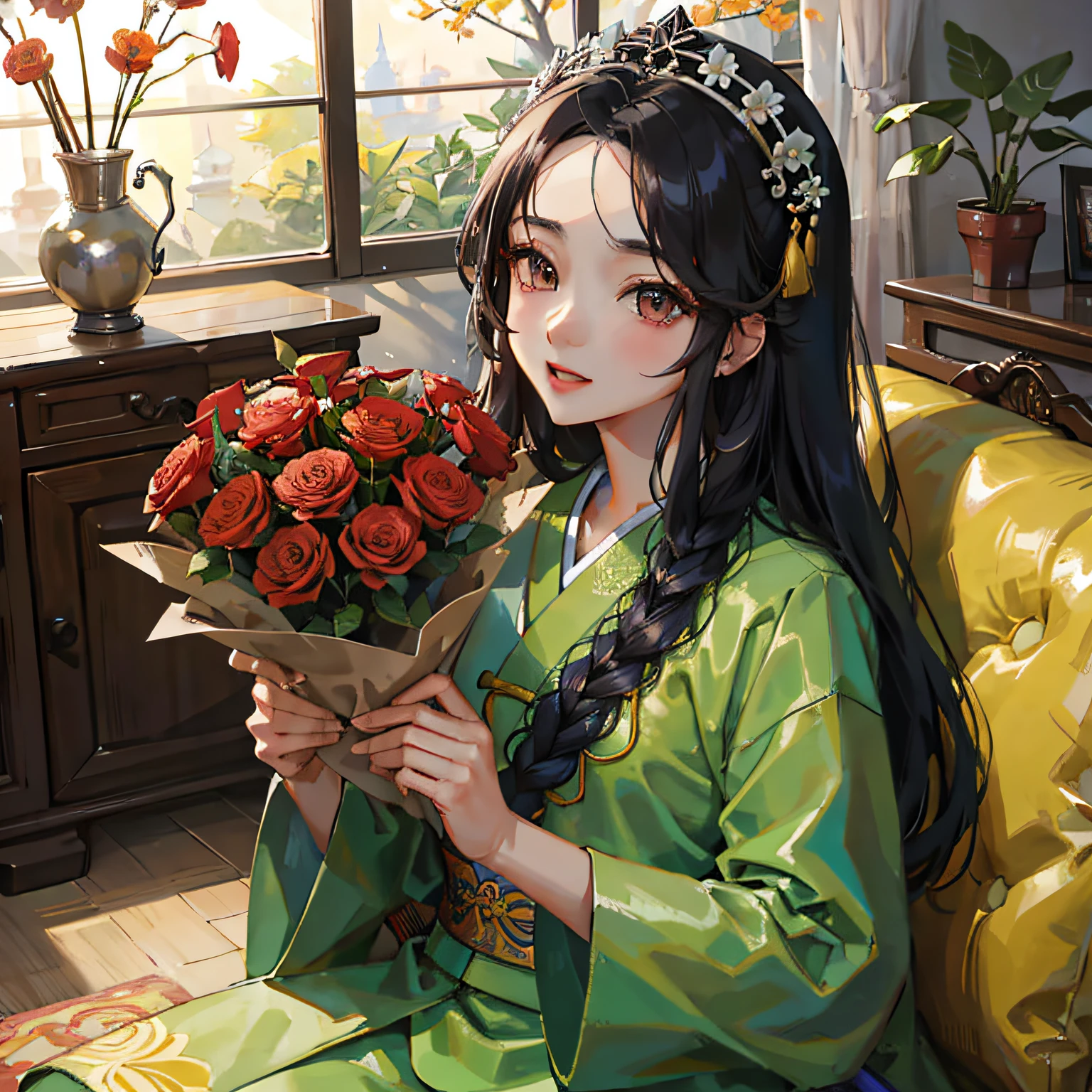 Arafed Asian woman holding a bouquet of flowers in a living room, menina coreana, dilraba dilmurat, gorgeous chinese model, linda mulher coreana jovem, Menina chinesa, Mulher sul-coreana bonita, Sakimichan, mulher coreana jovem bonita, Ulzzang, Mulher coreana, Li Zixin, Xintong Chen, foto desfocada, Heonhwa Choe --auto