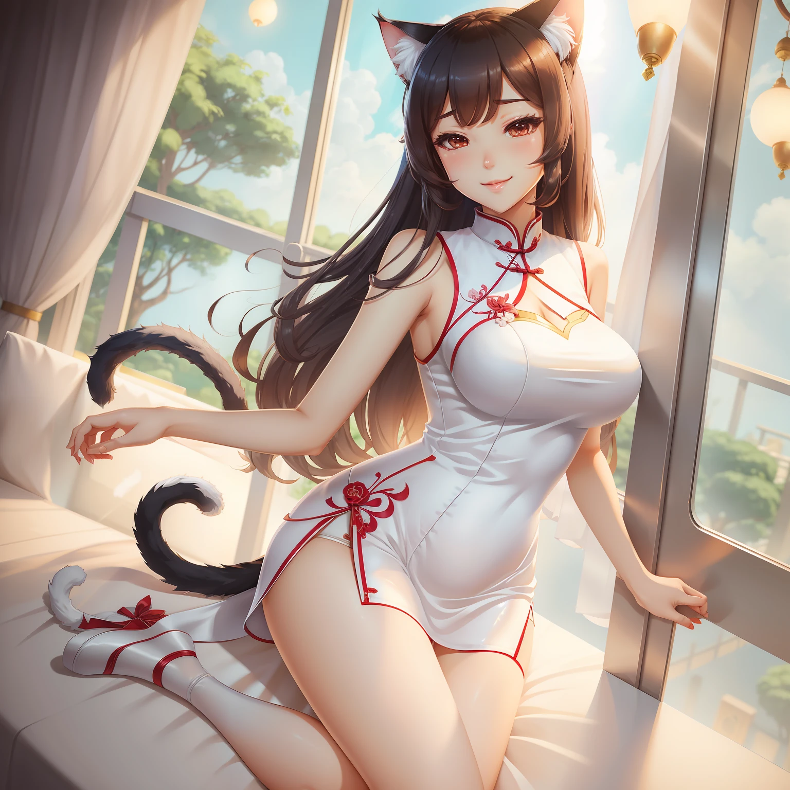 White silk beautiful legs，on cheongsam，Large breasts，Long legs，big assa，ssmile，high qulity，A masterpiece of detail， Best quality at best，a matural female， busty figure，Cat cat ears，beast ear，Cute cat，Anime comic style --auto