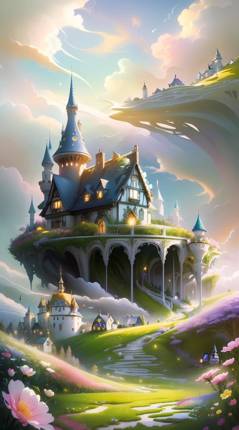 A painting of a fairytale house surrounded by flowers and grass, in white clouds fairyland, in the white clouds fairyland, Beautiful fantasy painting, magical fairy background, whimsical fantasy landscape art, Fairy atmosphere, DreamlikeArt, Very Beautiful Digital Art, very magical and dreamy, field of fantasy flowers, A beautiful artwork illustration, Beautiful digital artwork, detailed fantasy digital art