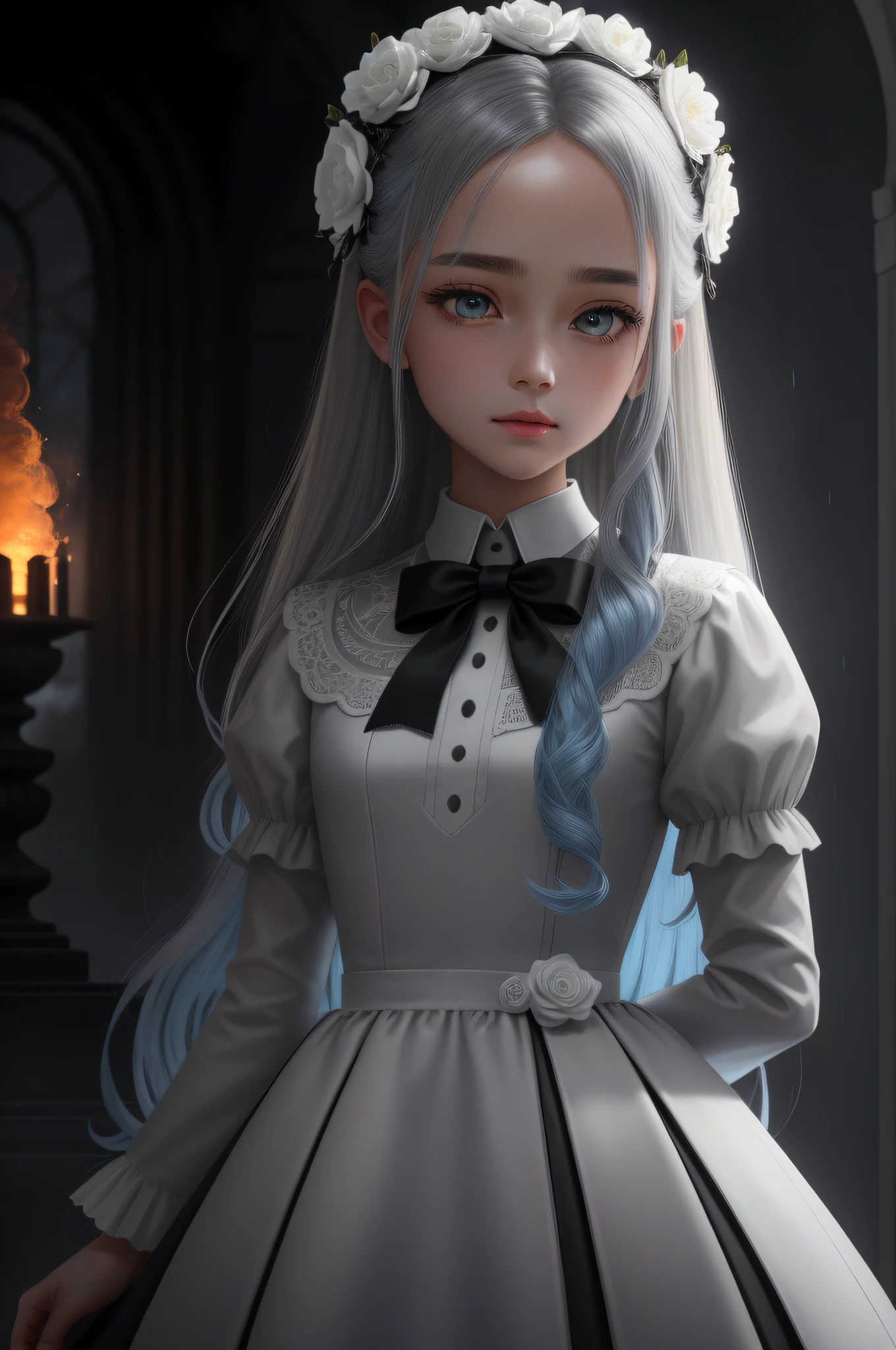 masterpiece, exquisite, illustration, {beautiful and meticulous girl}, beautiful and detailed halo, (fire of war: 1.2), (nuclear explosion behind: 1.3), rain, detailed lighting, detail water, (beautiful and detailed eyes: 1.1), expressionless, palace, sky blue hair, scattered hair, long bangs, eyebrows, (white-gray dress: 1.1), black ribbon, white bow tie, upper abdomen, big forehead, dull, flower, long sleeves