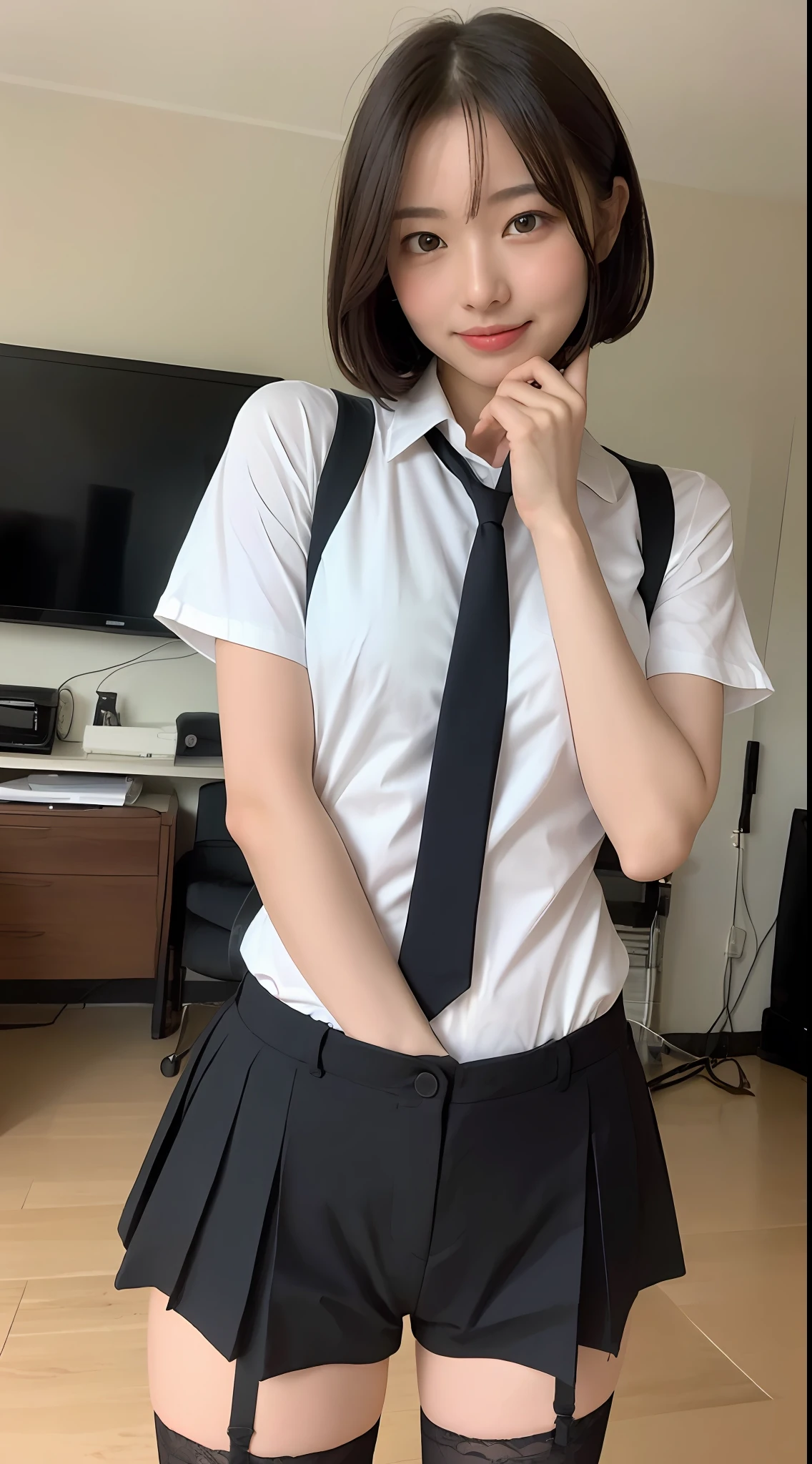 ((Best picture quality, 8K, tmasterpiece:1.3)), 1girll, Beautiful woman with slender abs:1.3, (Casual hairstyle, :1.2), Japan School Uniform，black lence stockings，:1.1, Ultra-fine face, A detailed eye, 二重まぶた，ssmile，Home，Do not show your palms