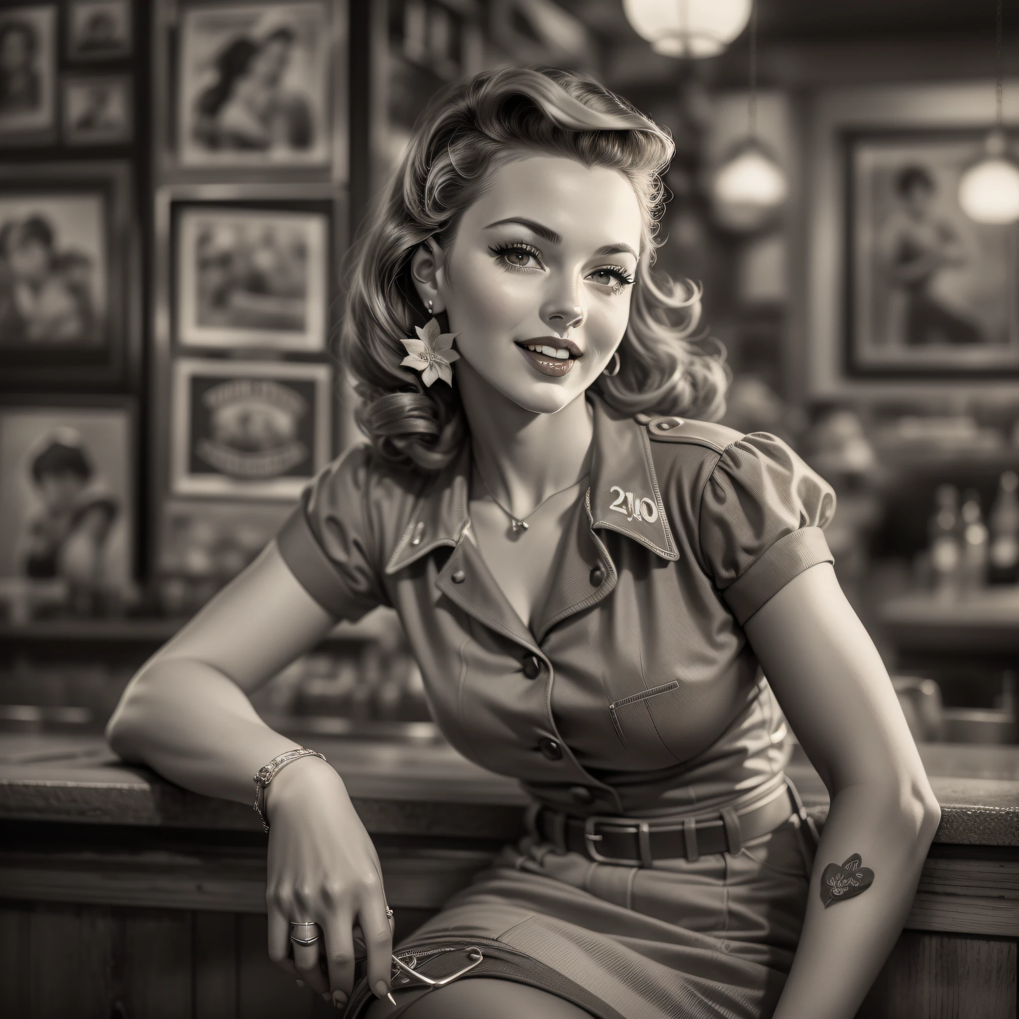 Uma imagem de uma impressionante garota pin-up dos tempos de guerra, Dressed in a retro-inspired outfit, posing gracefully in a nostalgic 1940s bar. Black and white image adds a vintage touch to the scene, capturing the essence of iconic pin-up art and vintage aesthetics of the time.