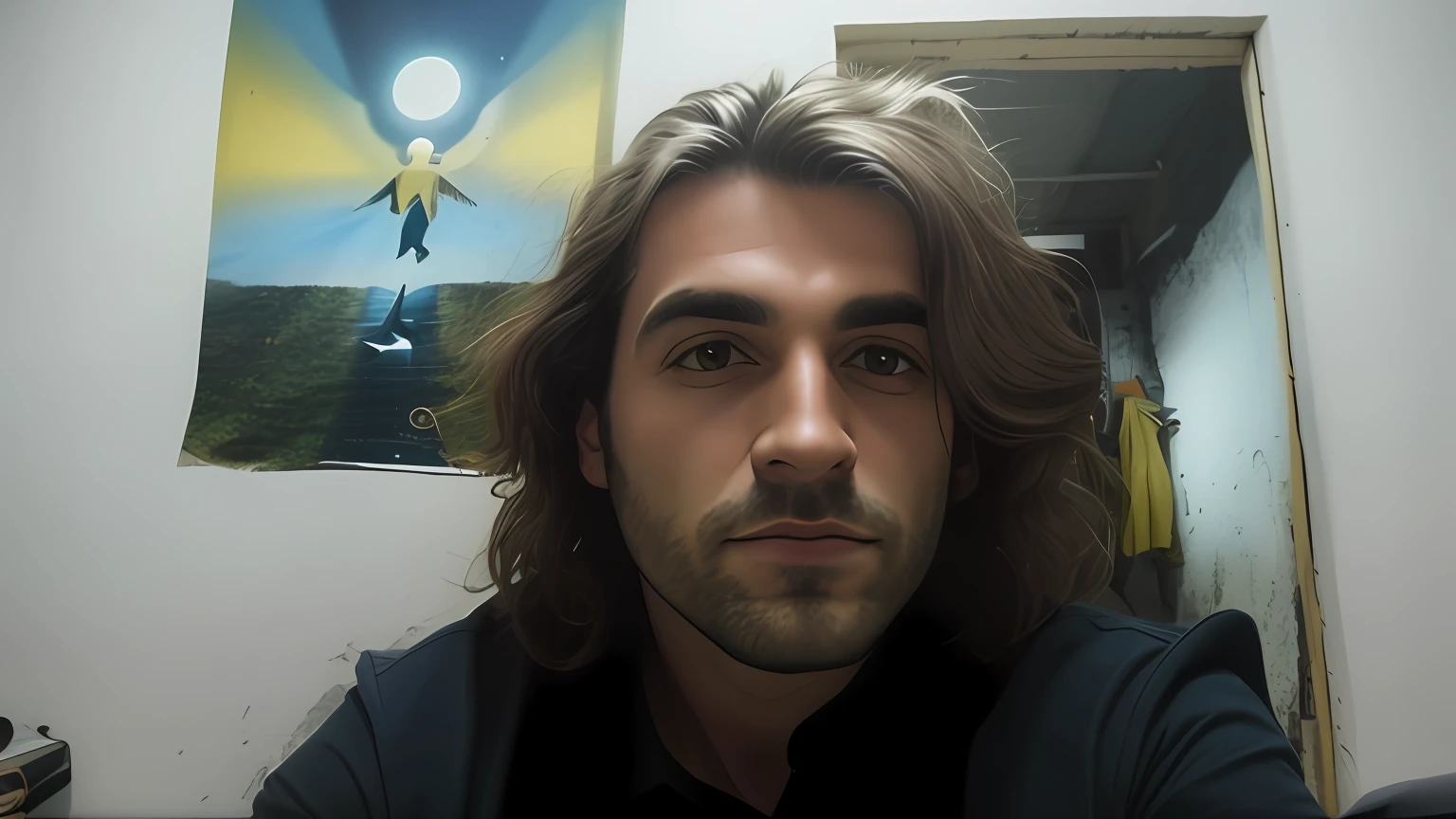 homem com cabelo longo e uma camisa preta em um quarto, imagem de qualidade muito baixa, Foto de perfil, album photo, foto de perfil 1024px, imagem frontal, retrato!!! foto de perfil