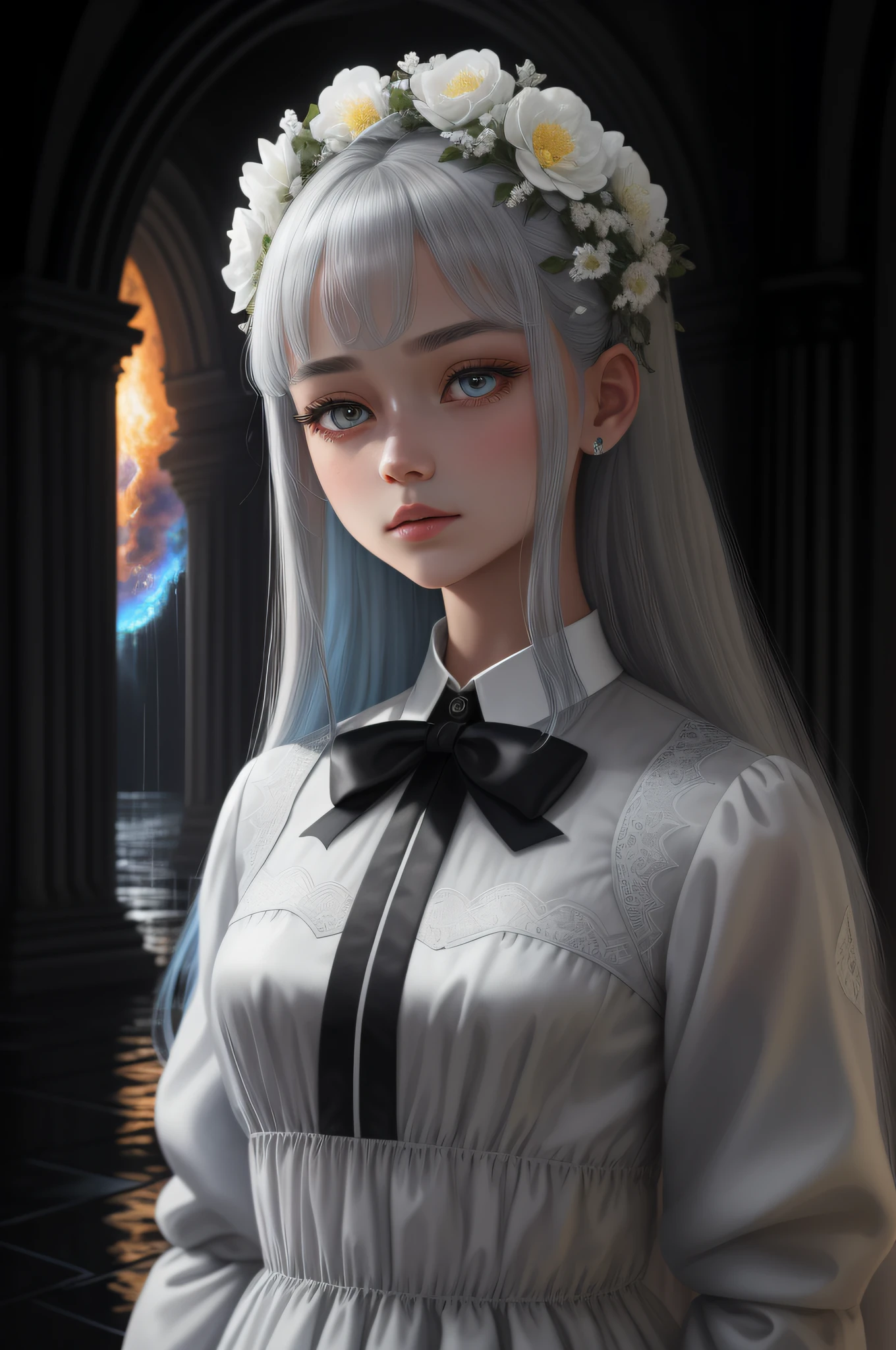 masterpiece, exquisite, illustration, {beautiful and meticulous girl}, beautiful and detailed halo, (fire of war: 1.2), (nuclear explosion behind: 1.3), rain, detailed lighting, detail water, (beautiful and detailed eyes: 1.1), expressionless, palace, sky blue hair, scattered hair, long bangs, eyebrows, (white-gray dress: 1.1), black ribbon, white bow tie, upper abdomen, big forehead, dull, flower, long sleeves