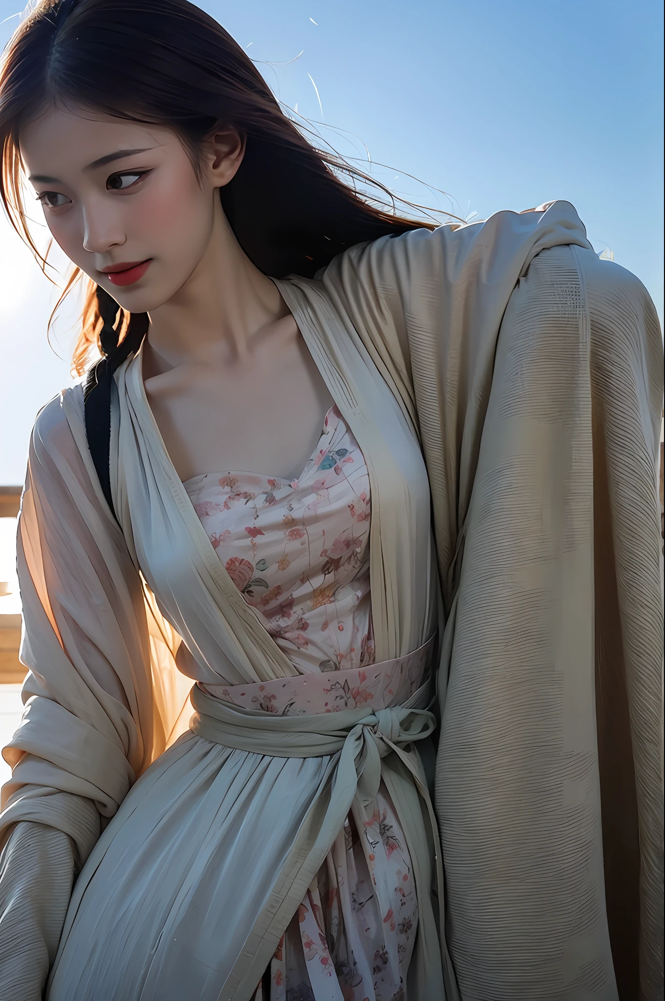 1girl, Dunhuang Flying Apsaras costume, messy long hair, Ji Jian, Dunhuang style, a lot of smoke, superb, elegant colors, (realistic, high detail, masterpiece, super detailed, dynamic angle, mural background, ink wash, amazing, movie lighting, illustration, chiaroscuro, backlighting, god rays, holland, best quality, best quality