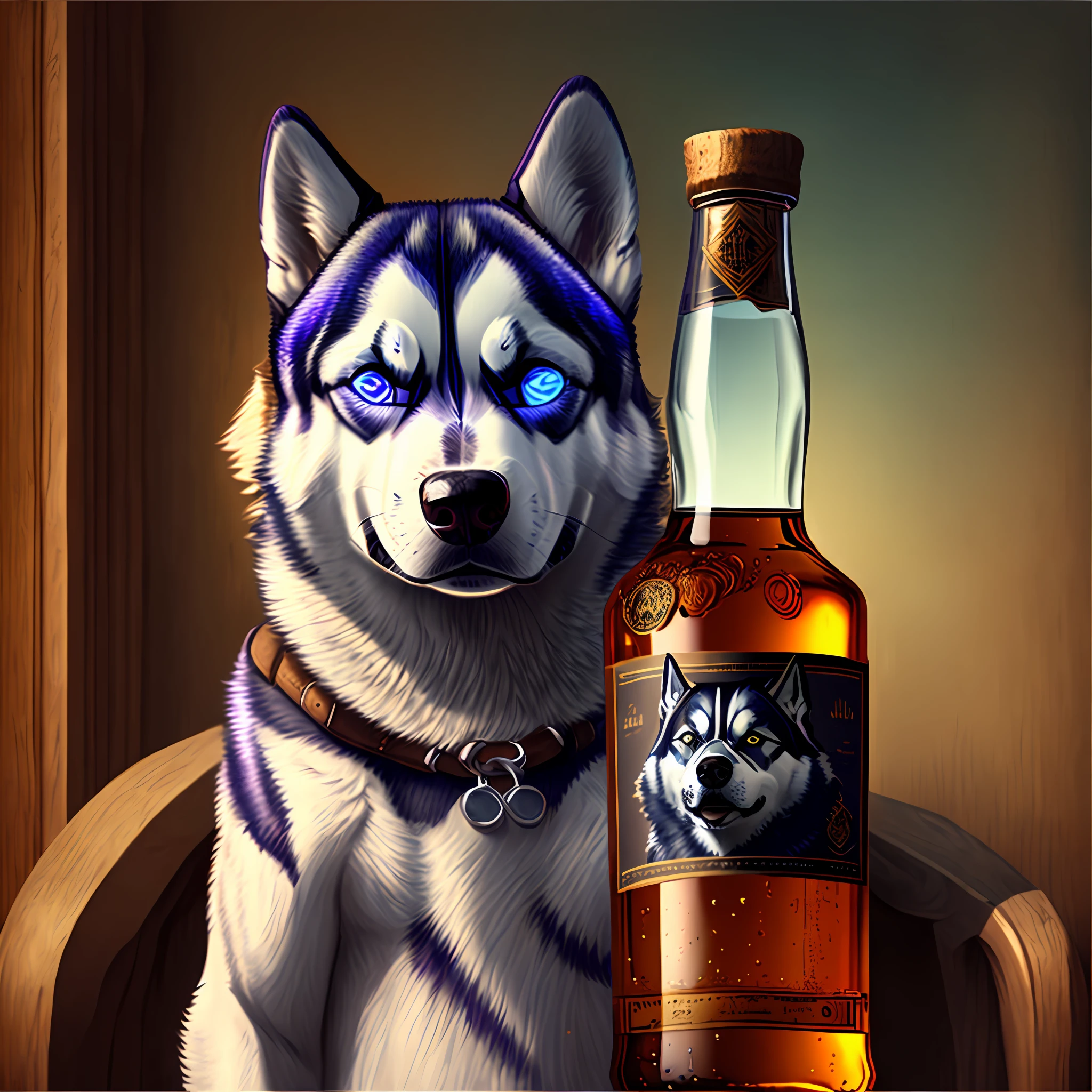 A husky holding a bottle of whiskey on his upper body and wearing sunglasses on his head --auto