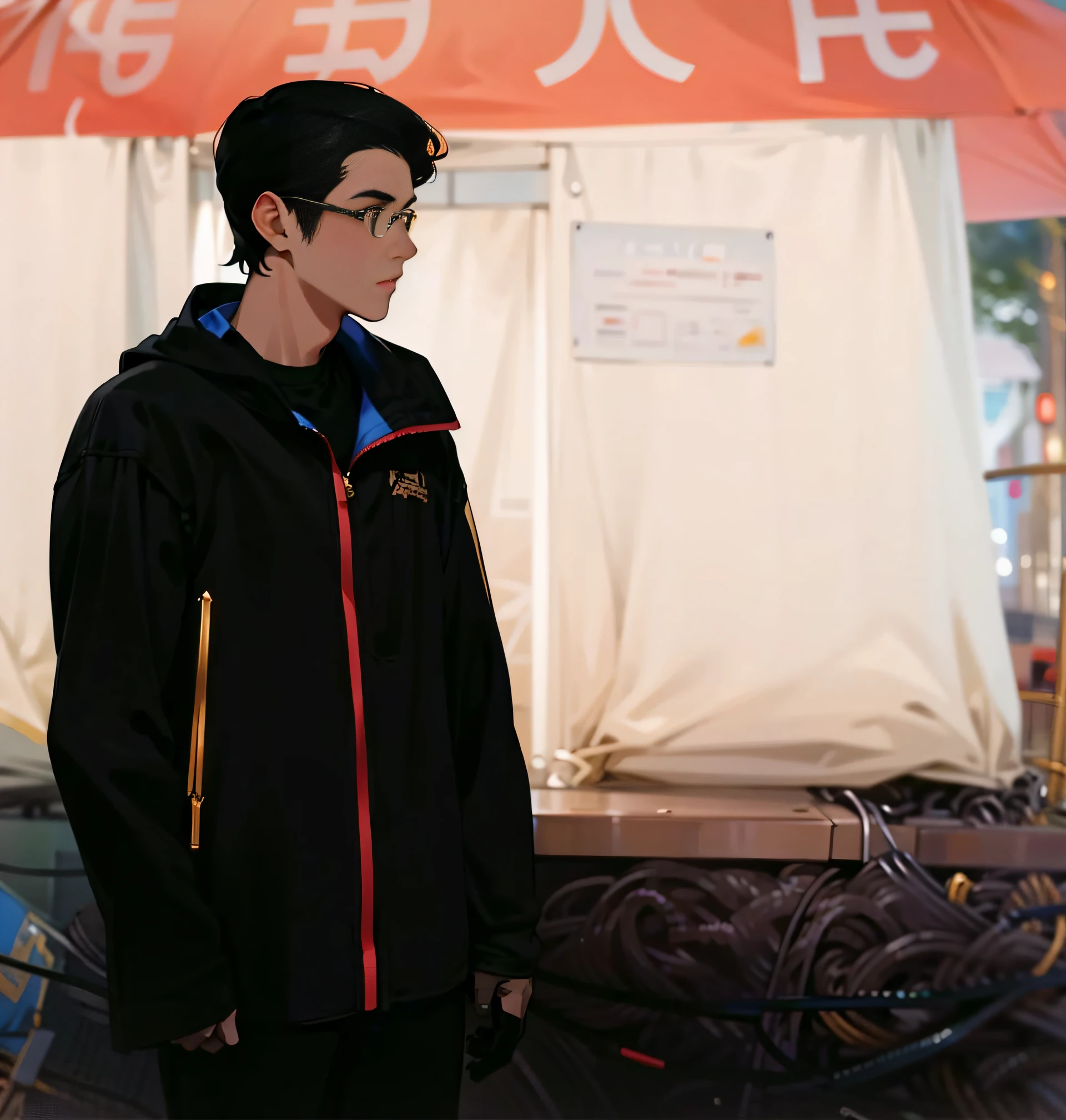 A young man stands in front of a tent，Wear a windproof jacket，Handsome and handsome，(Wearing gold wire glasses:1.5)，